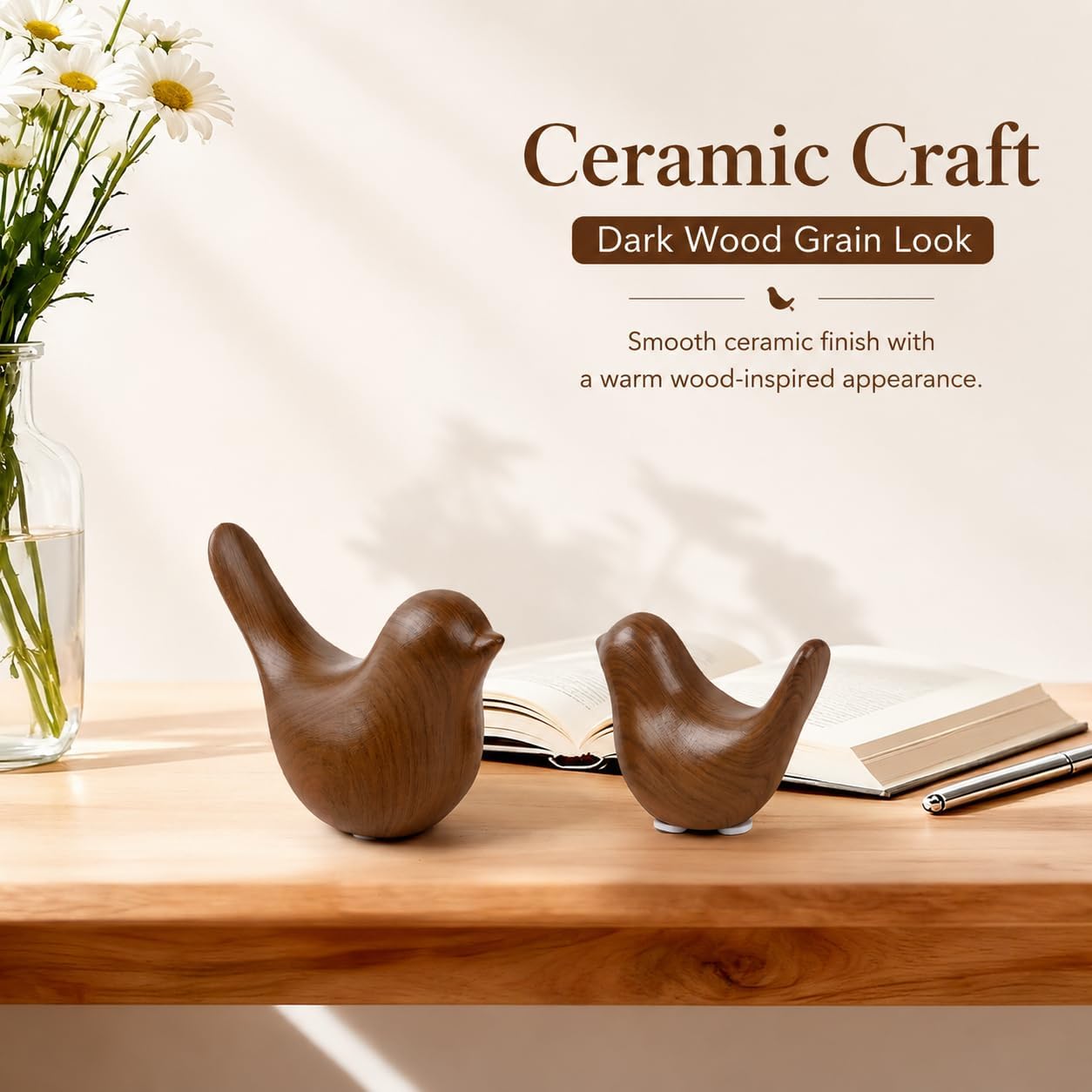 Ceramic Bird Figurines / Dark Wood Grain / Set of 2