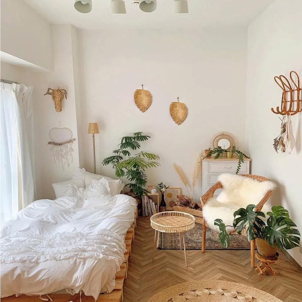 Boho Raffia Leaf Wall Hanging Decor / Brown / Set of 2