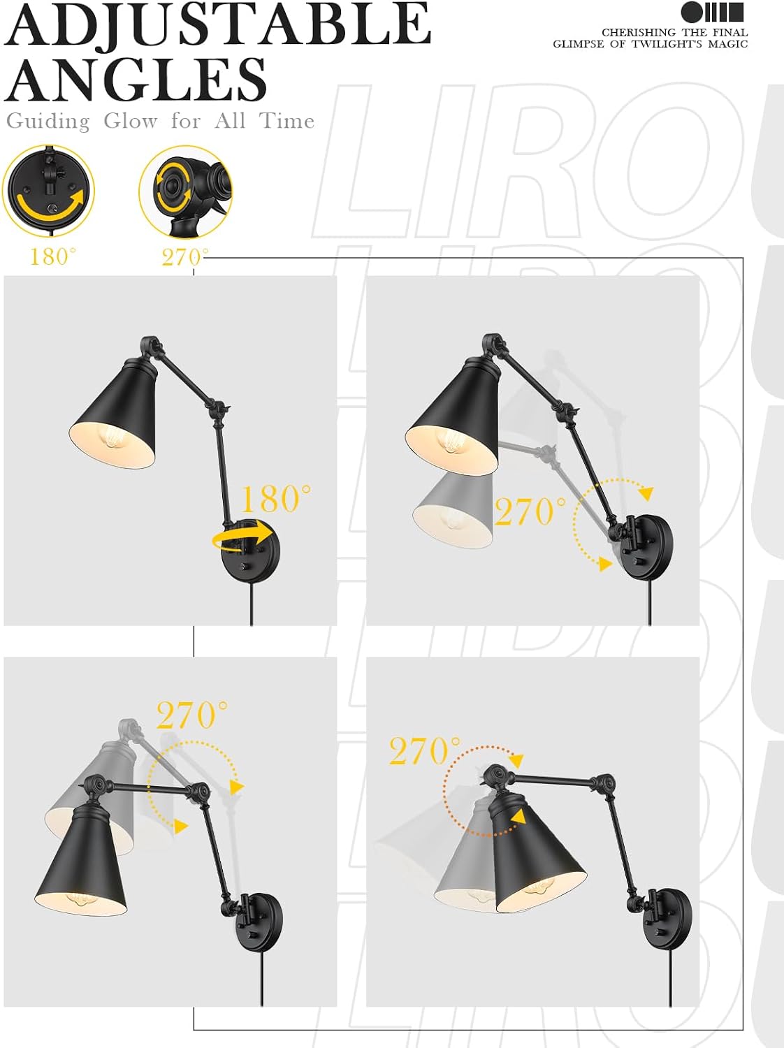 LIROUVET Plug in Wall Sconces Set of Two, Adjustable Swing Arm Wall Lamp, Industrial Sconces Wall Lighting with