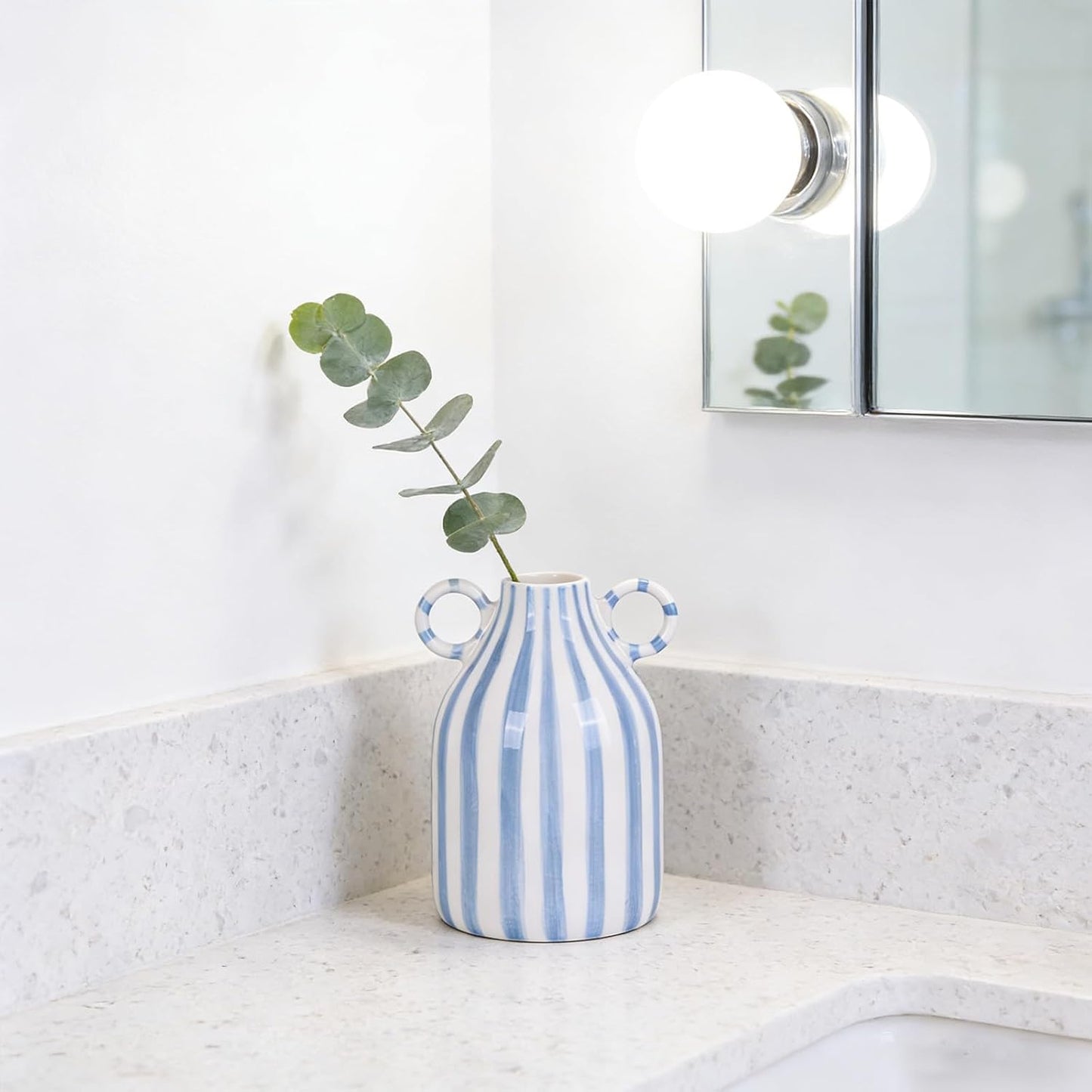 Ceramic Blue and White Striped Vase / Blue White