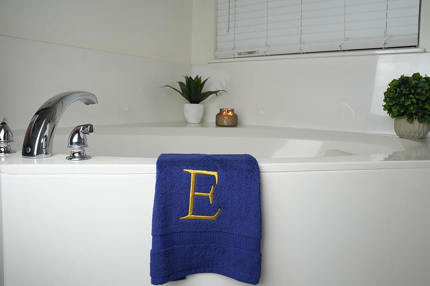 Navy with Gold Monogrammed Hand Towels for Bathroom - Set of 2 Letter E | Luxury Hotel Quality Initial Towels For