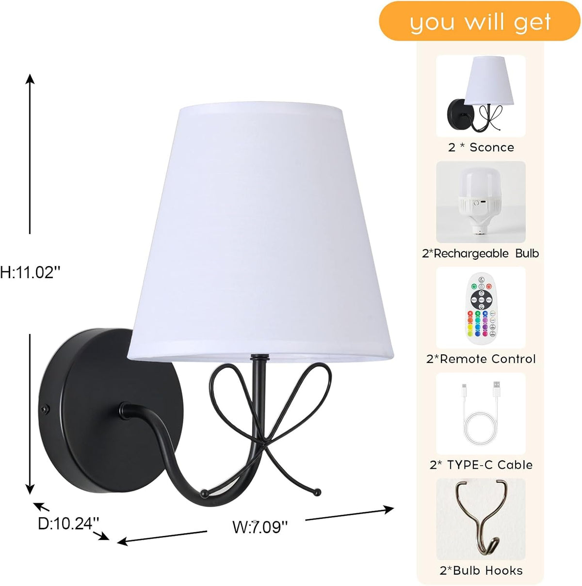 PASSICA DECOR Bow Lamp Battery Operated Wall Sconces Set of 2, Rechargeable Dimmable LED Lights with 15 Colors, Timer
