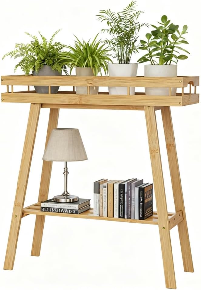 BAMBANG Bamboo Plant Stand Indoor, 2 Tier Small Plant Table, Tall Plant Stand for Indoor Plants, Window Sill Plant