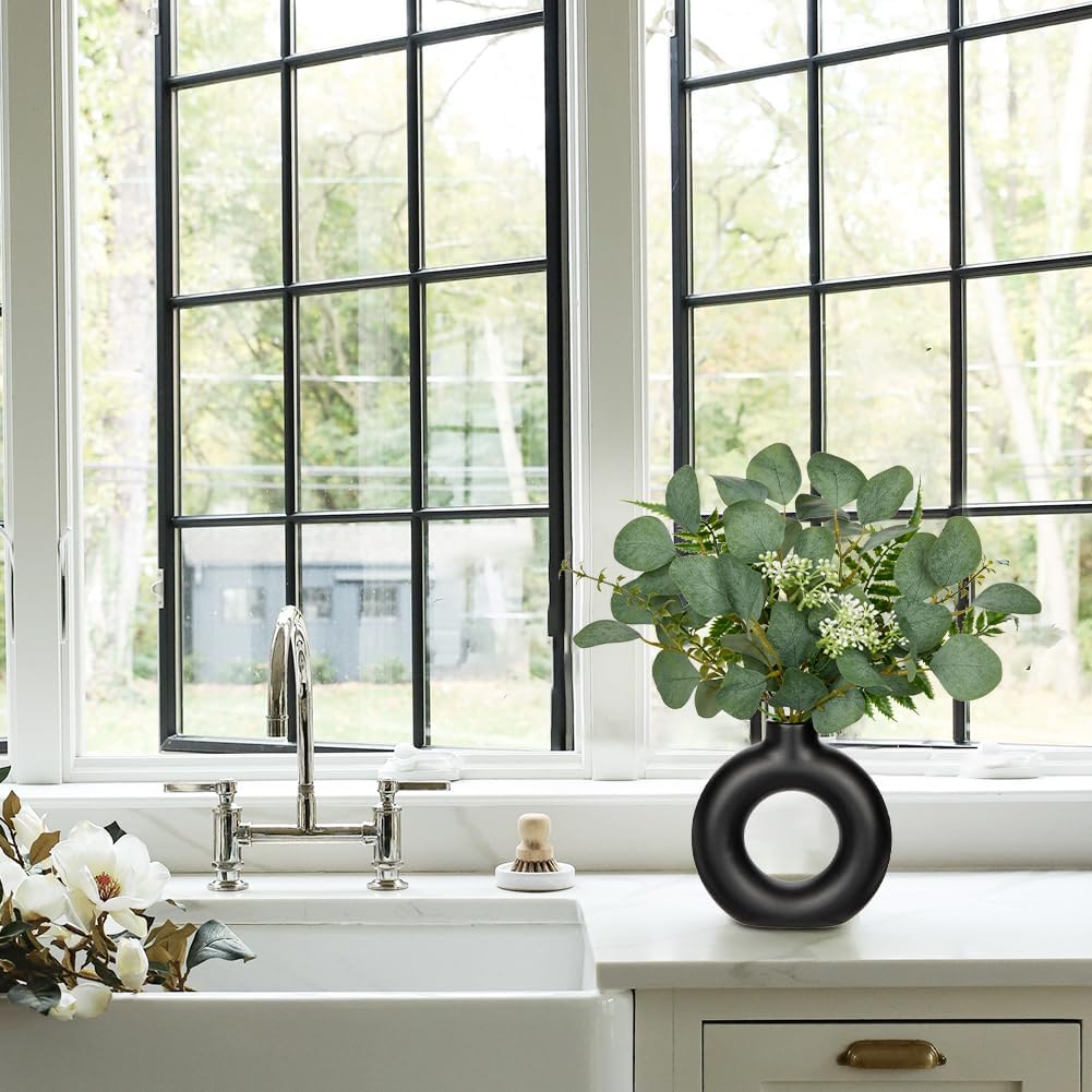Artificial Eucalyptus Stems in Ceramic Vase 14.23" Fake Eucalyptus Plant Decor Donut Vase / Black