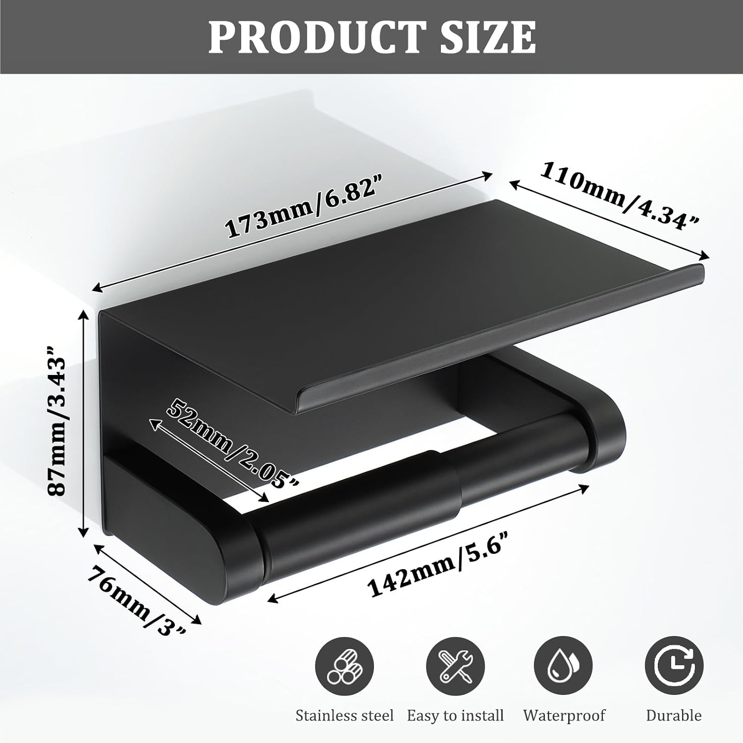 Alise Black Toilet Paper Holder with Shelf Wall Mount Adhesive or Drilling | SUS304 Stainless Steel Toilet Paper Roll