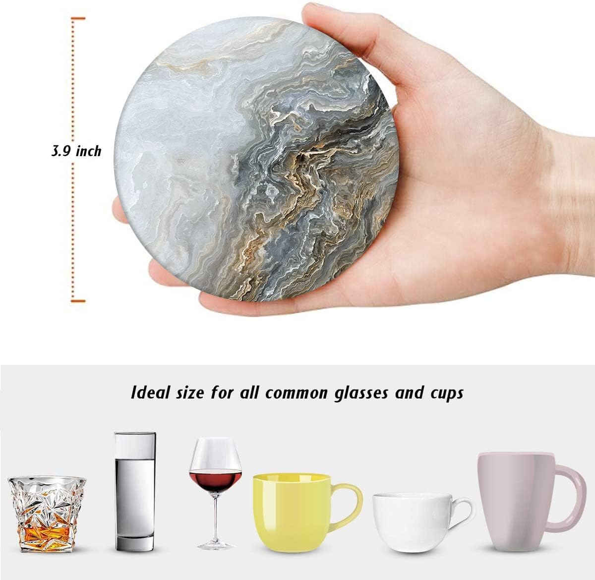 Grey Marble Golden Stone Agate Table Absorbent Round Ceramic Stone Mat / Marble Gray Gold / Set of 6