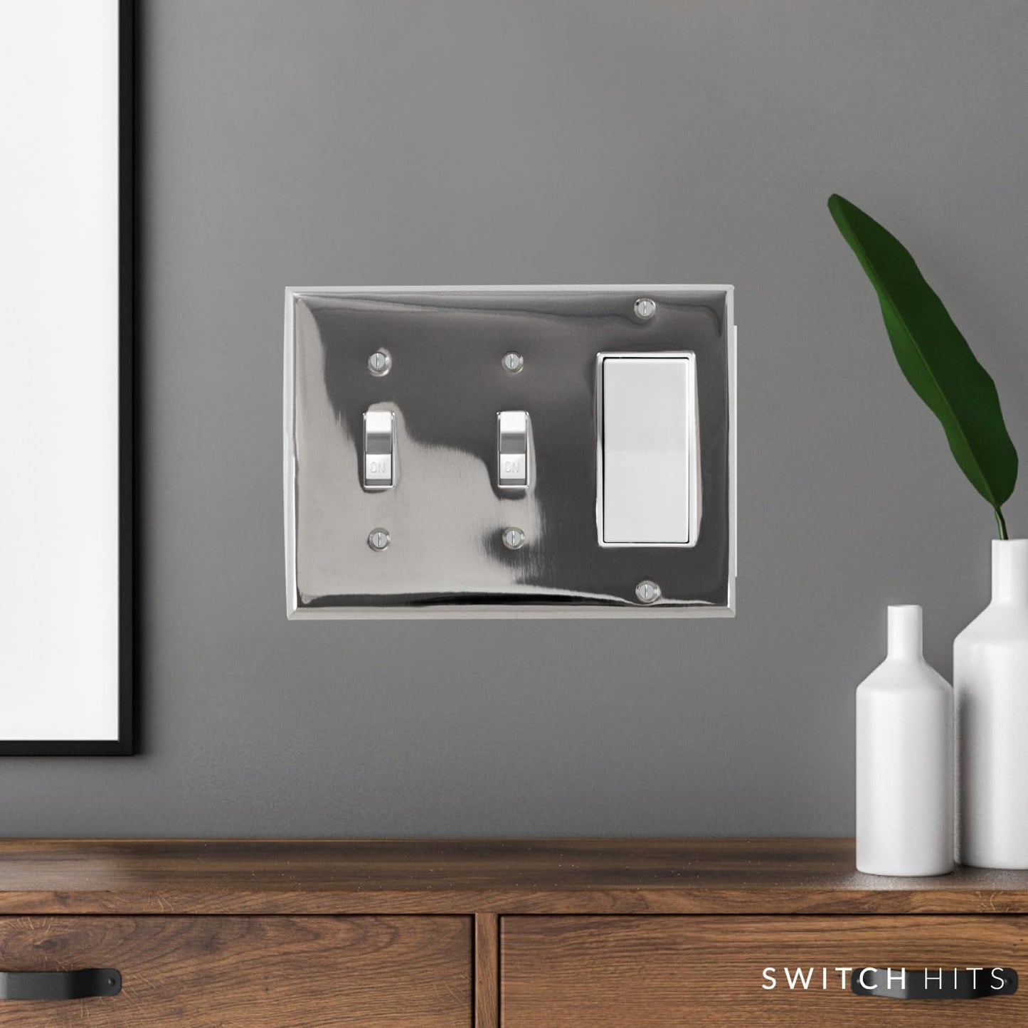 Polished Nickel Outlet Wall Plate | 2 Toggle - 1 GFI Rocker | 6.25" x 4.5" | Hand-Polished Brass Construction