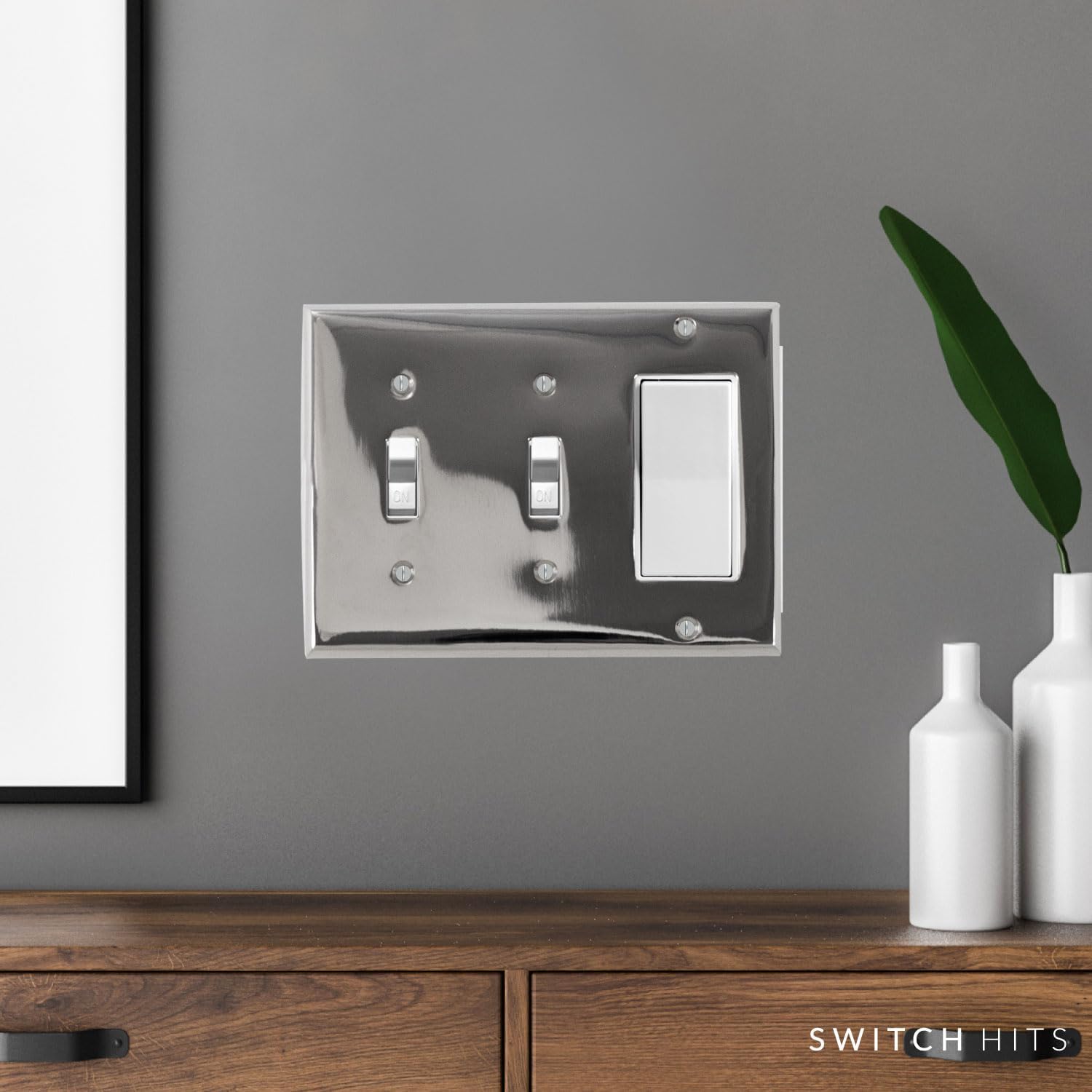 Polished Nickel Outlet Wall Plate | 2 Toggle - 1 GFI Rocker | 6.25" x 4.5" | Hand-Polished Brass Construction