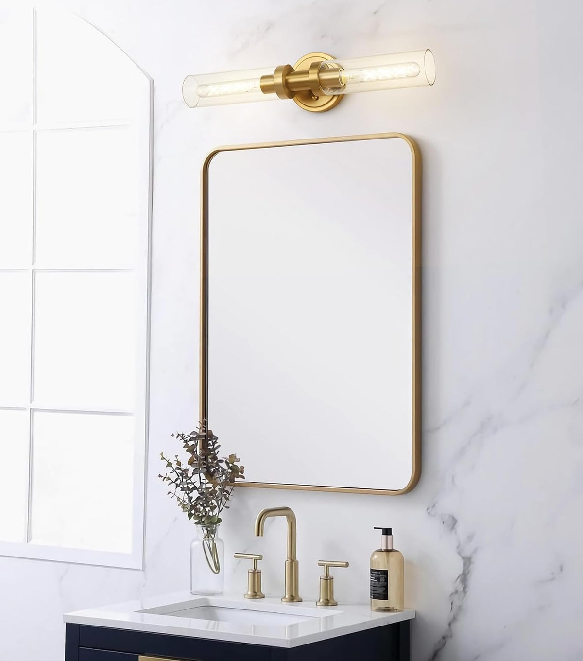 Brushed Gold Bathroom Vanity Light Fixture, 2-Light Modern Wall Sconce Lighting W/Clear Glass, Brass Wall Mount Lamp