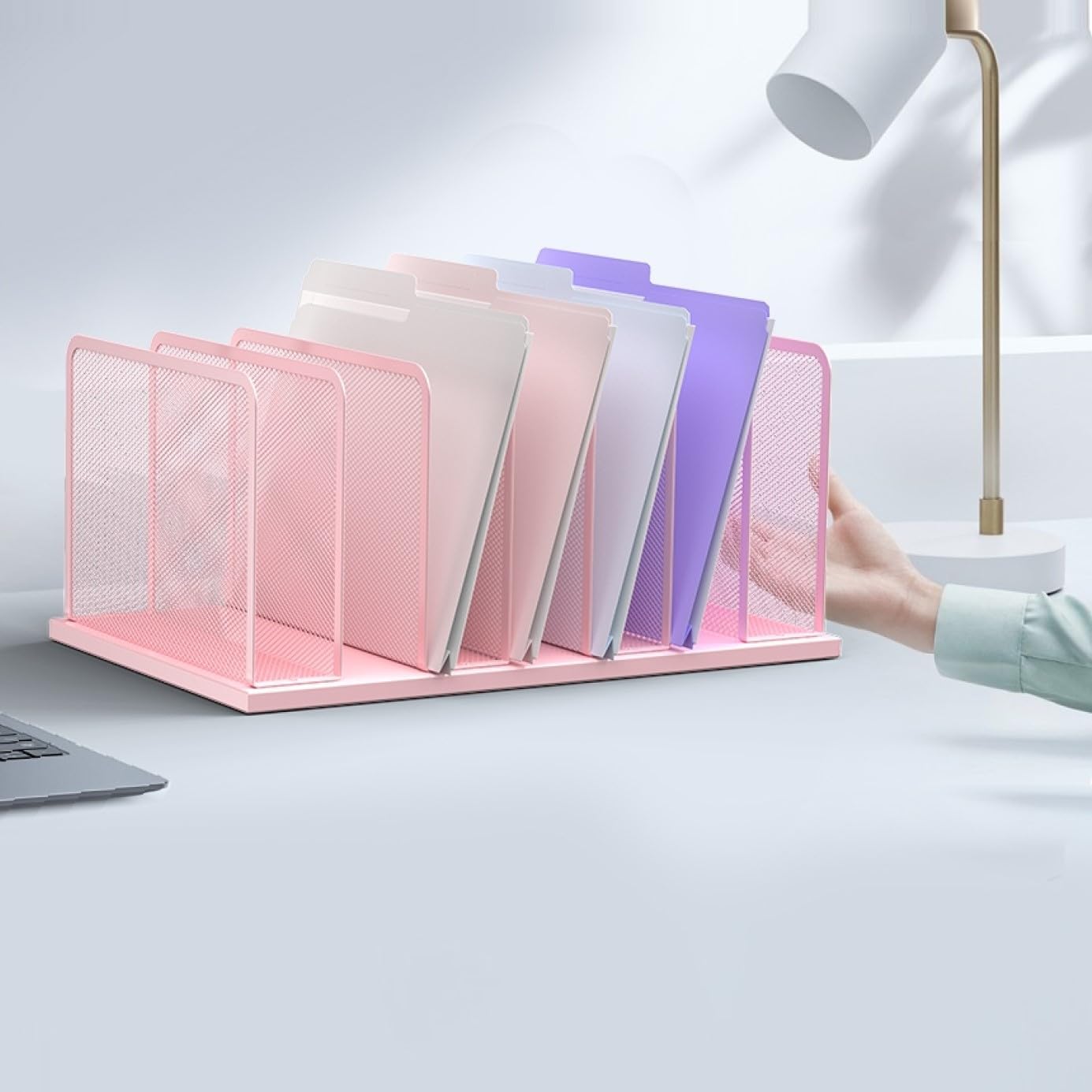 Kuntine.B 7-Section Upright Desk File Organizer Pink 2 Pack | Vertical, Mesh, Metal, Assembly, Stability, Sturdiness