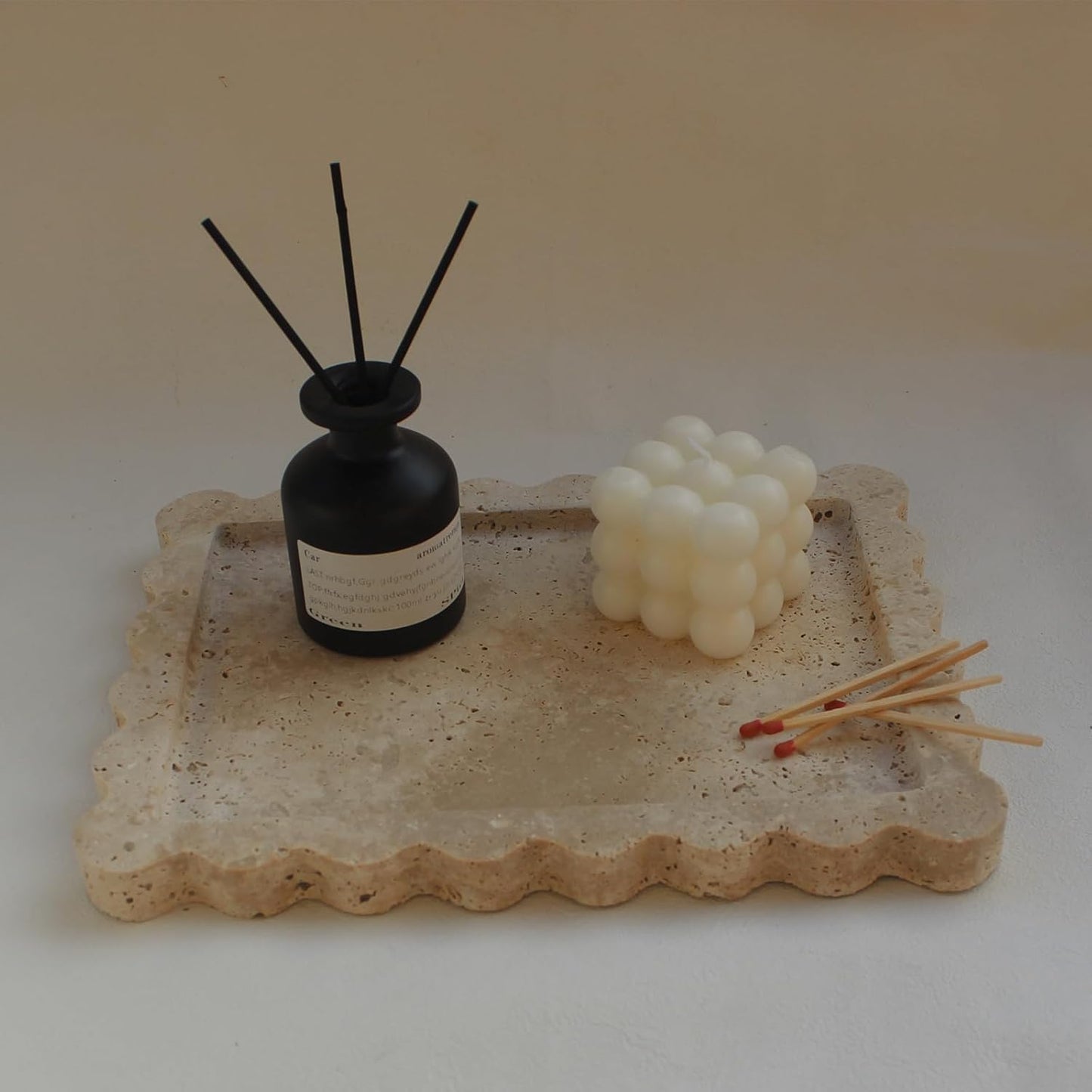 Natural Scalloped Marble Tray / Beige Travertine / 10.8 x 8