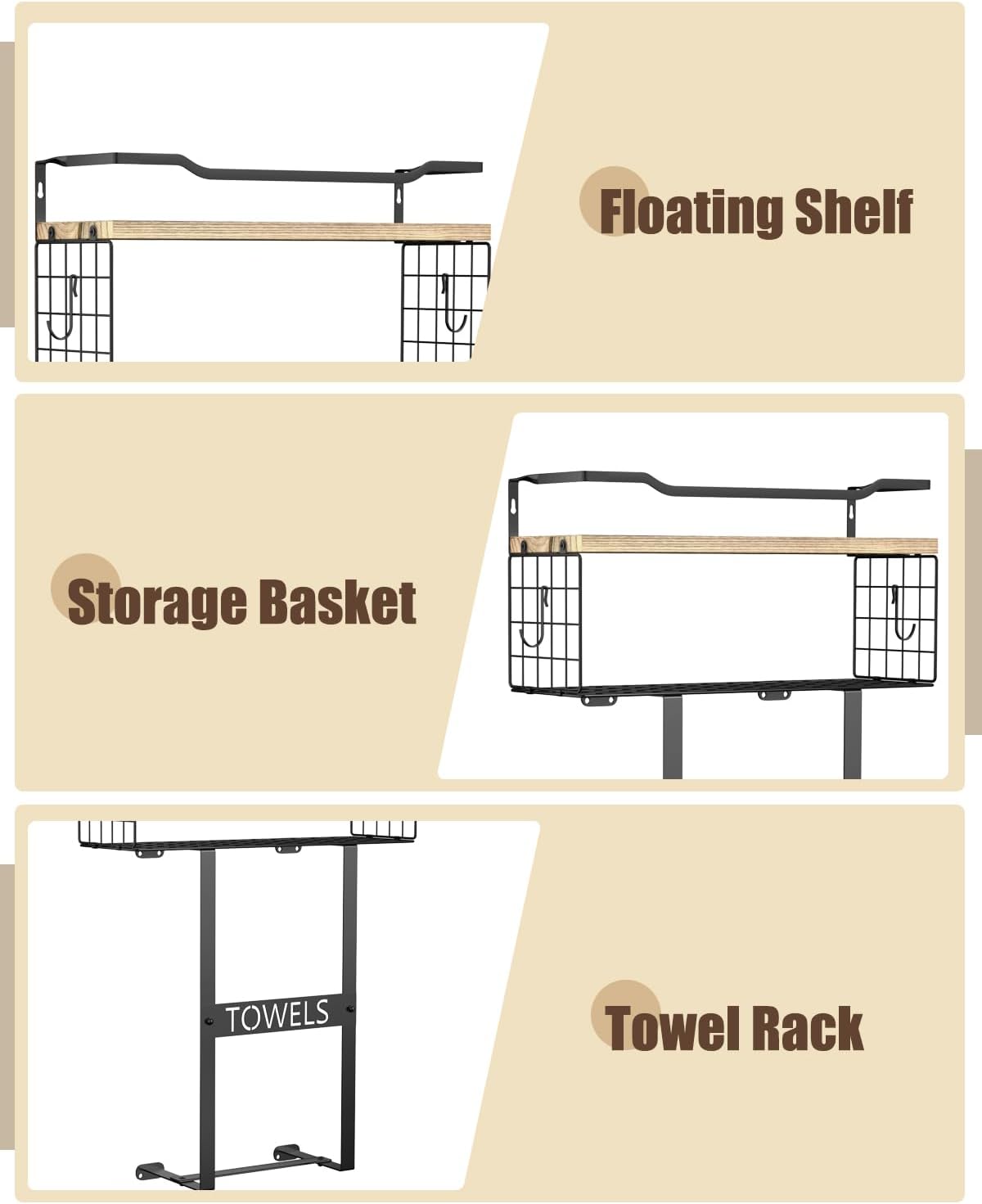 Towel Racks for Bathroom Wall Mounted - Bath Wall Towel Holder Set Above Toilet Storage, Rolled Towel Shelf Organizer