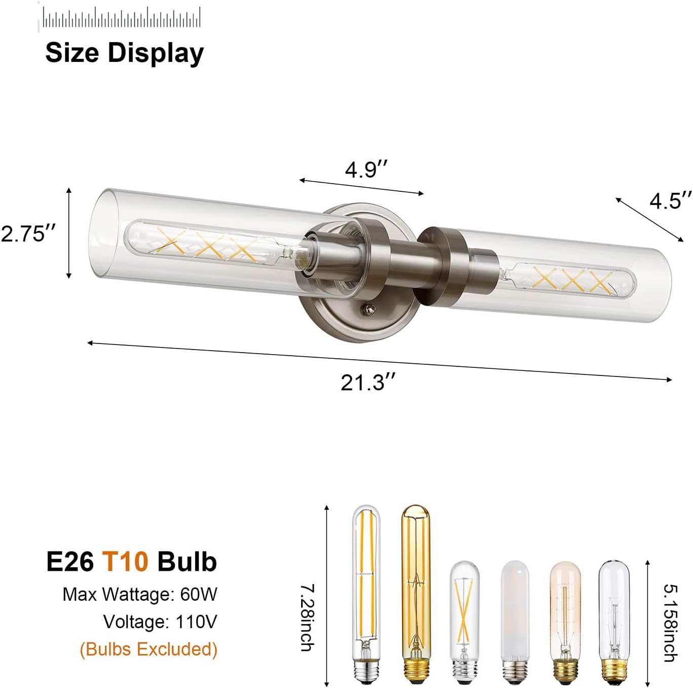 Brushed Nickel 2-Light Bathroom Vanity Light Fixture, Modern Bathroom Sconces Wall Lighting W/Clear Glass Shade