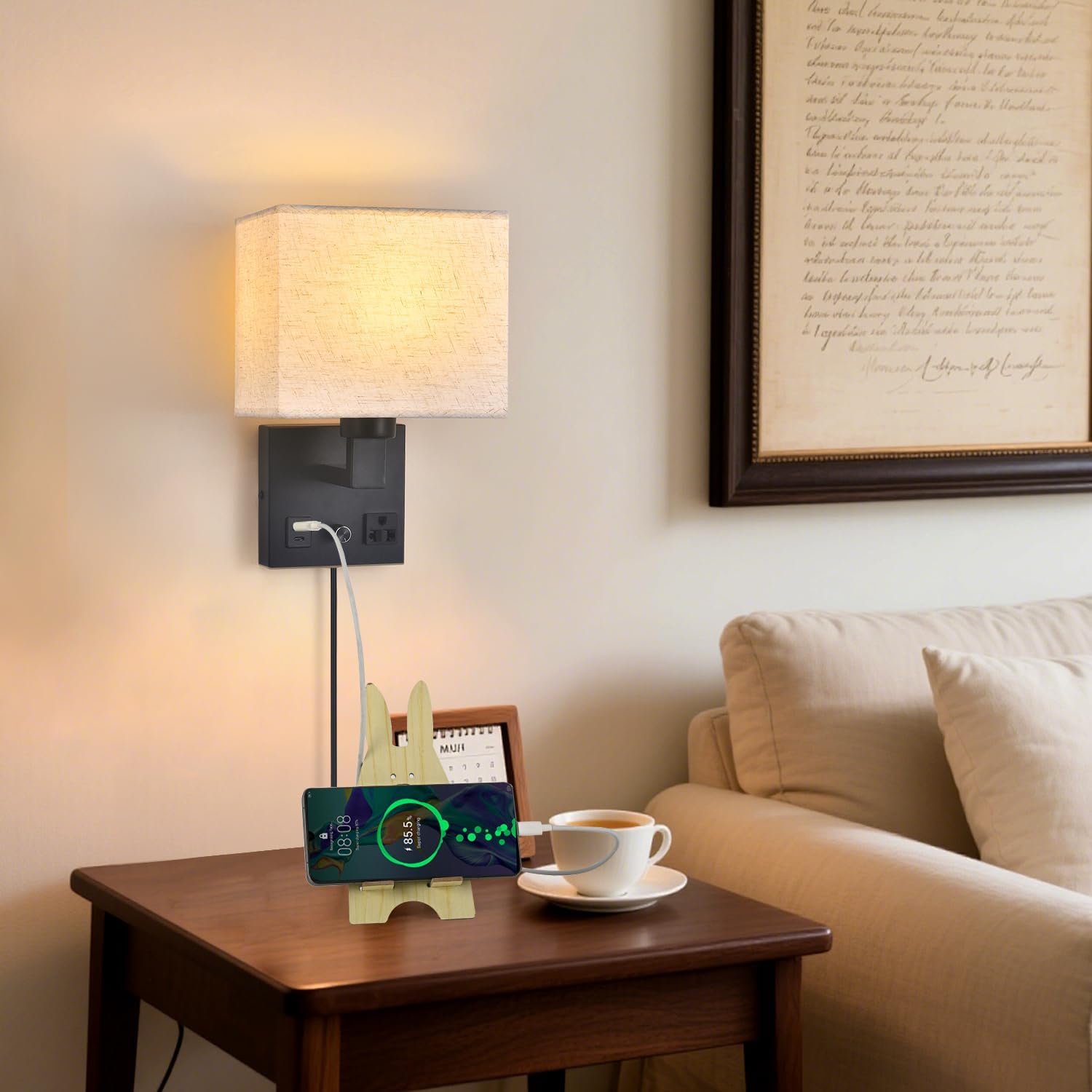 Bedside Wall Lamp for Bedroom, Plug in Wall Sconce - Dimmable Switch with AC Outlet & USB Charging Port, Fabric Shade