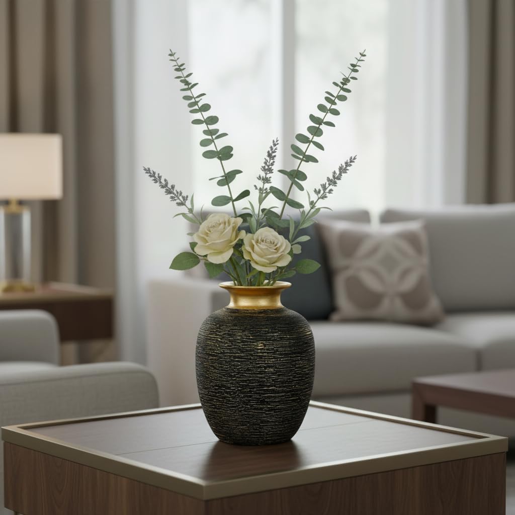 Modern Textured Decorative Vase / Black and Gold / 7 Inch