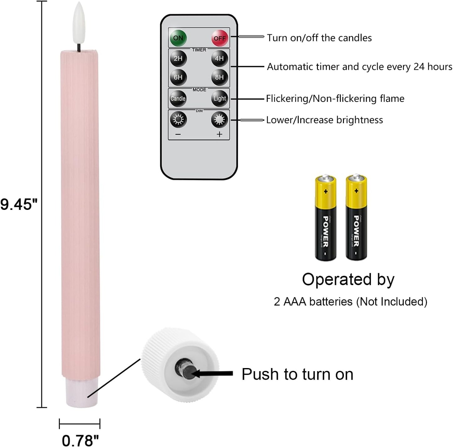Pink Flameless Taper Candles, Ribbed LED Candlesticks with Remote | LED Taper Candles Flickering, Battery Operated