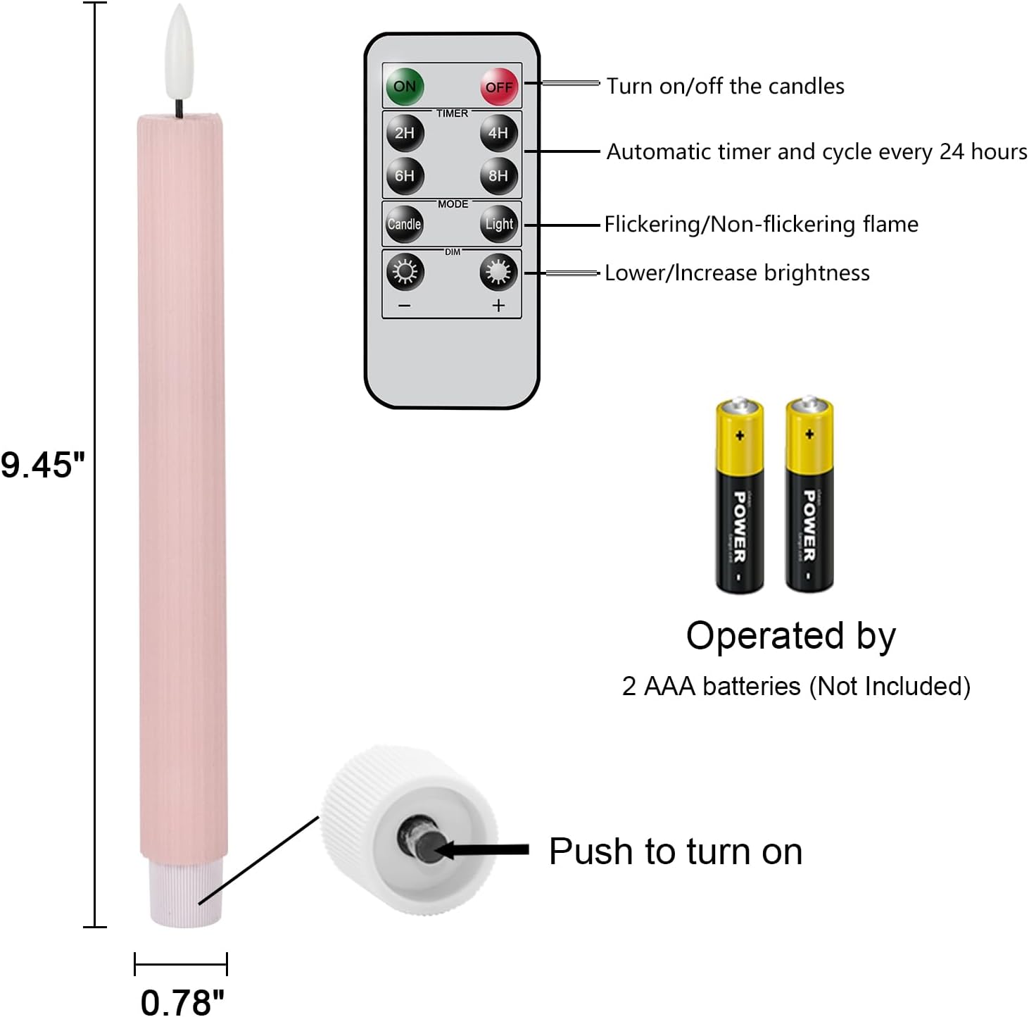 Pink Flameless Taper Candles, Ribbed LED Candlesticks with Remote | LED Taper Candles Flickering, Battery Operated
