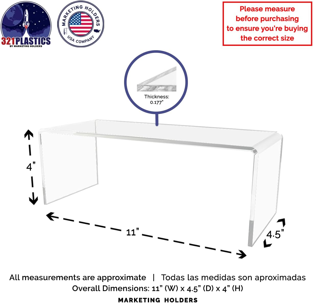 Marketing Holders 4 Pack Clear Acrylic Riser Display Stand 11 Wide x 4.5 Deep Merchandising Showcase One Piece Fixture