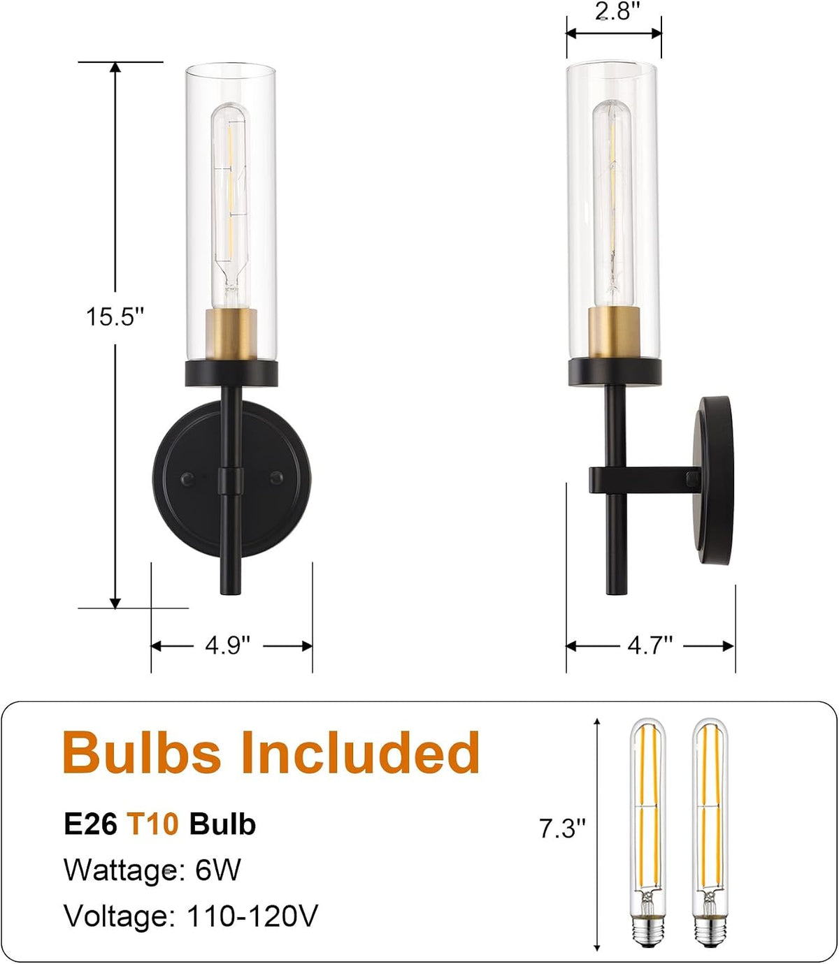 Hardwired Wall Sconces Set of Two, Bathroom Vanity Sconces Wall Lighting with Clear Glass Shade, Black and Gold Modern