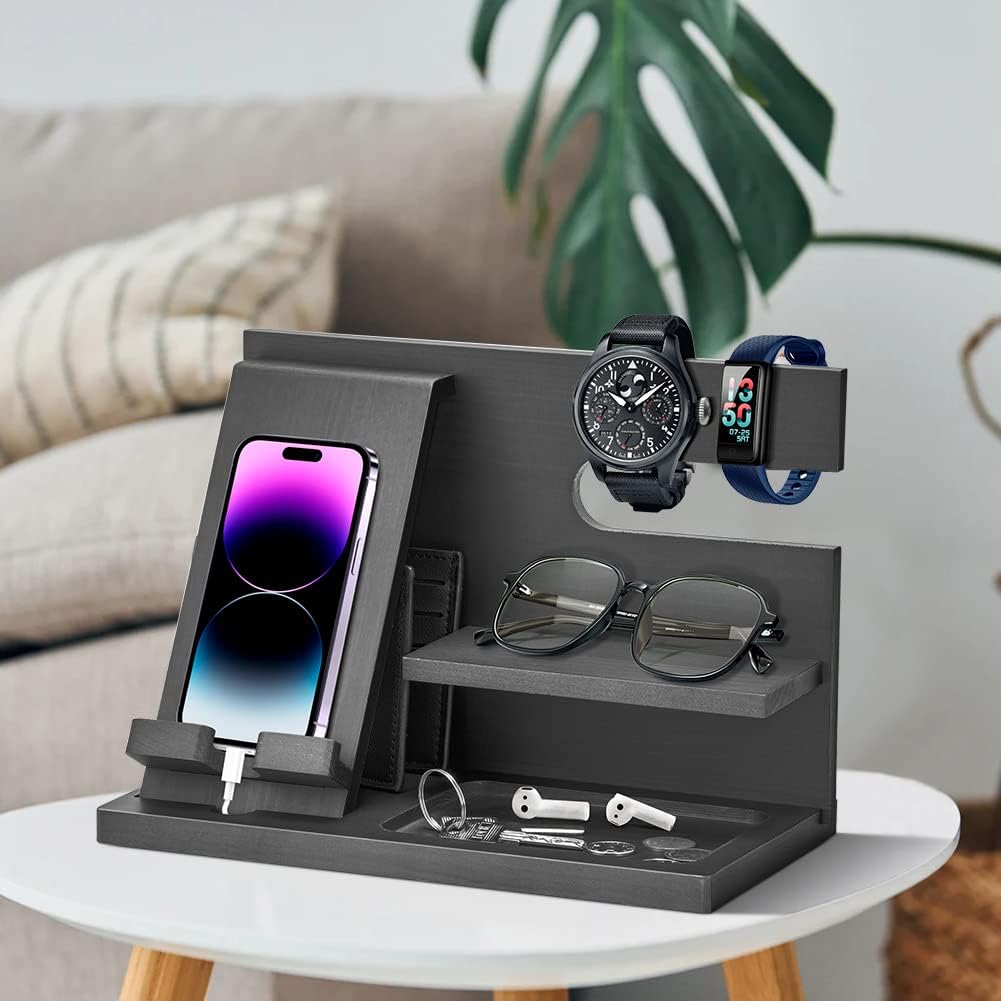 Wood Phone Docking Station - Gifts for Men Desk or Nightstand Organizer - Birthday Gifts for Husband, Fathers Day for