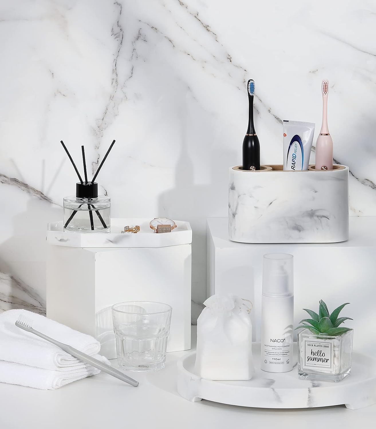 Vanity Tray / 8" Small Octagon Bathroom Vanity Tray / 8 x 5.7 x 0.8 / Marble White