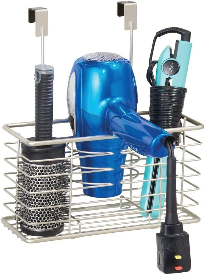 mDesign Steel Over Cabinet/Door Hair Dryer Holder Storage, Hair Styling Tool Organizer Basket for Bathroom - Blow