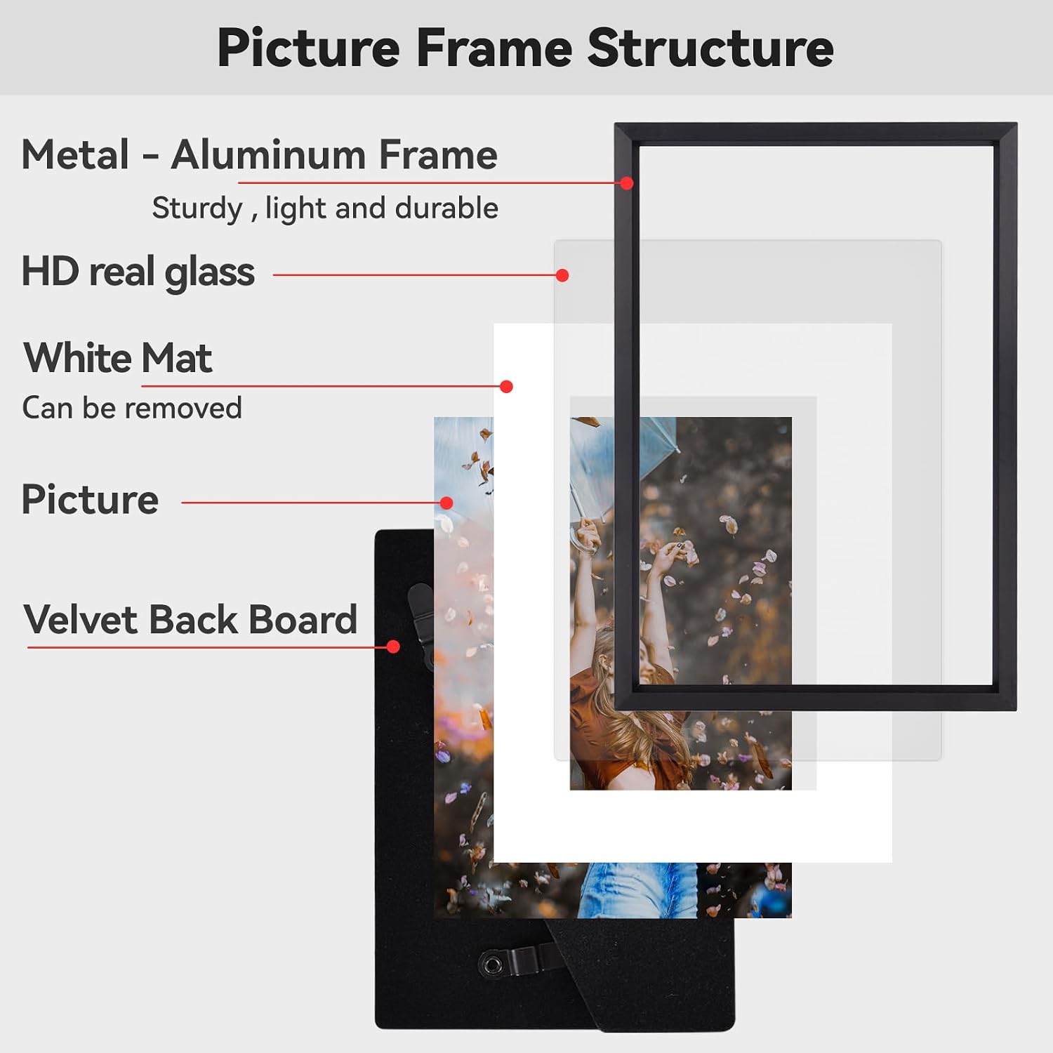 BKABOT 5x7 Black Metal Photo frames 3 Pack HD Glass Mat 4x6 Wall Table | Brushed aluminum Picture frames,removable