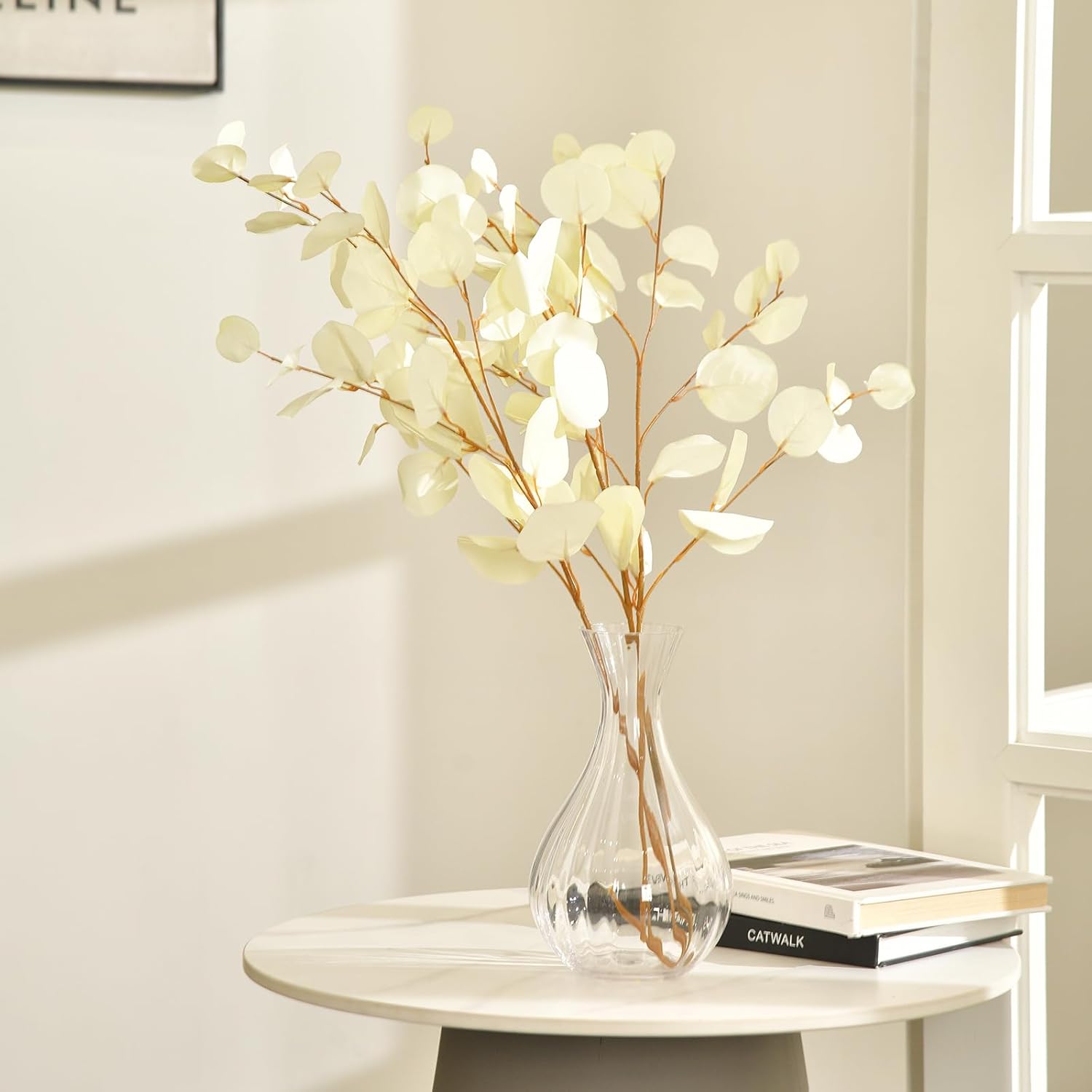 Artificial Eucalyptus Stems Long 33" Fake Eucalyptus Leaves Branches / Cream White*3 / Set of 3