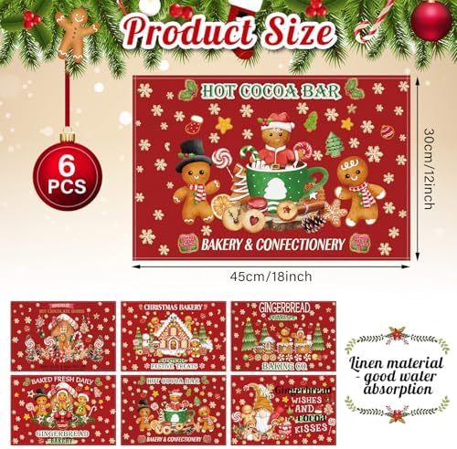 Hushee 6 Pack Christmas Gingerbread Man Placemats 12x18 Inch Washable
