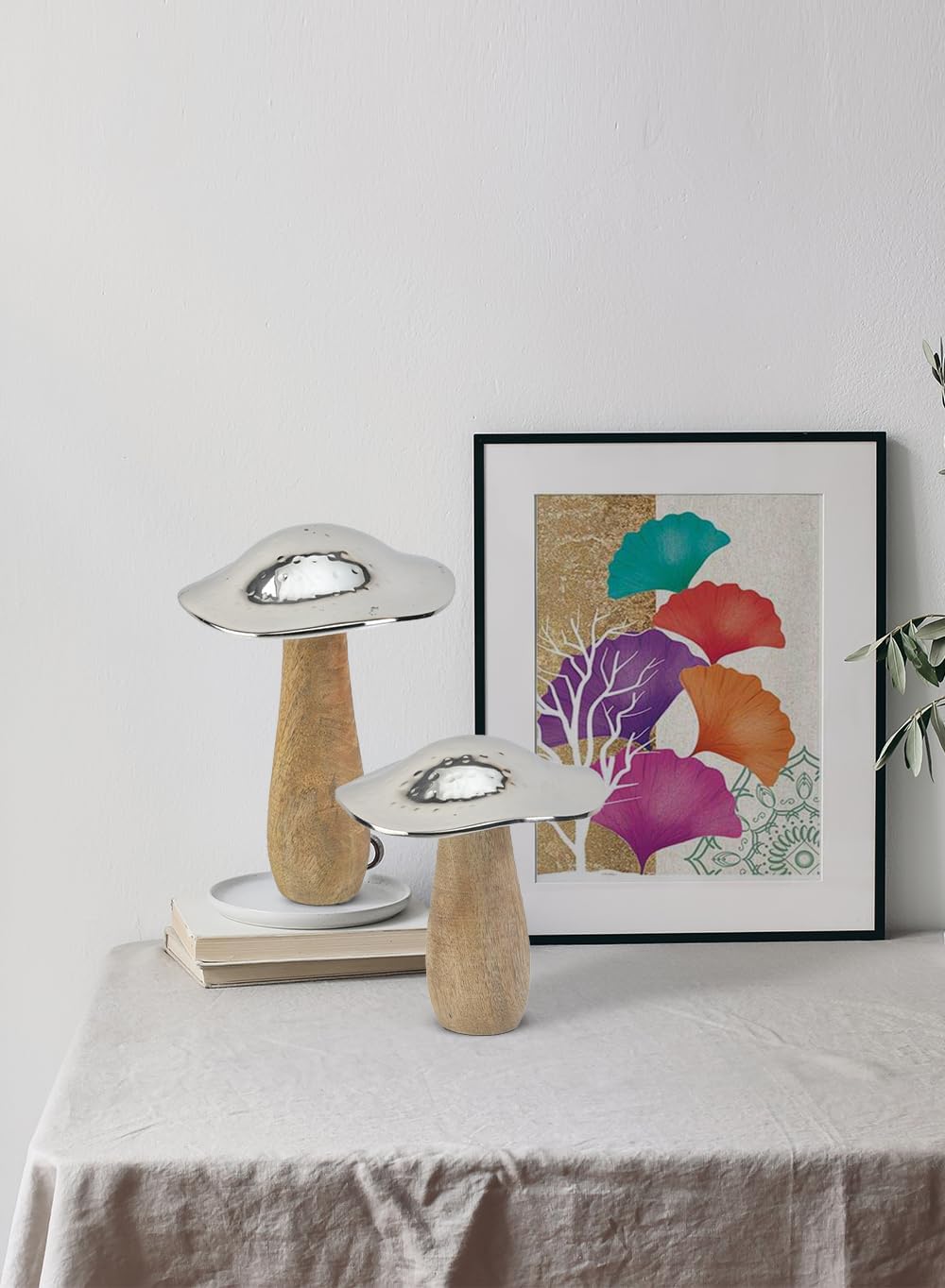 8- Wood and Hammered Metal Mushroom Sculpture Decor / Large - Single / Silver