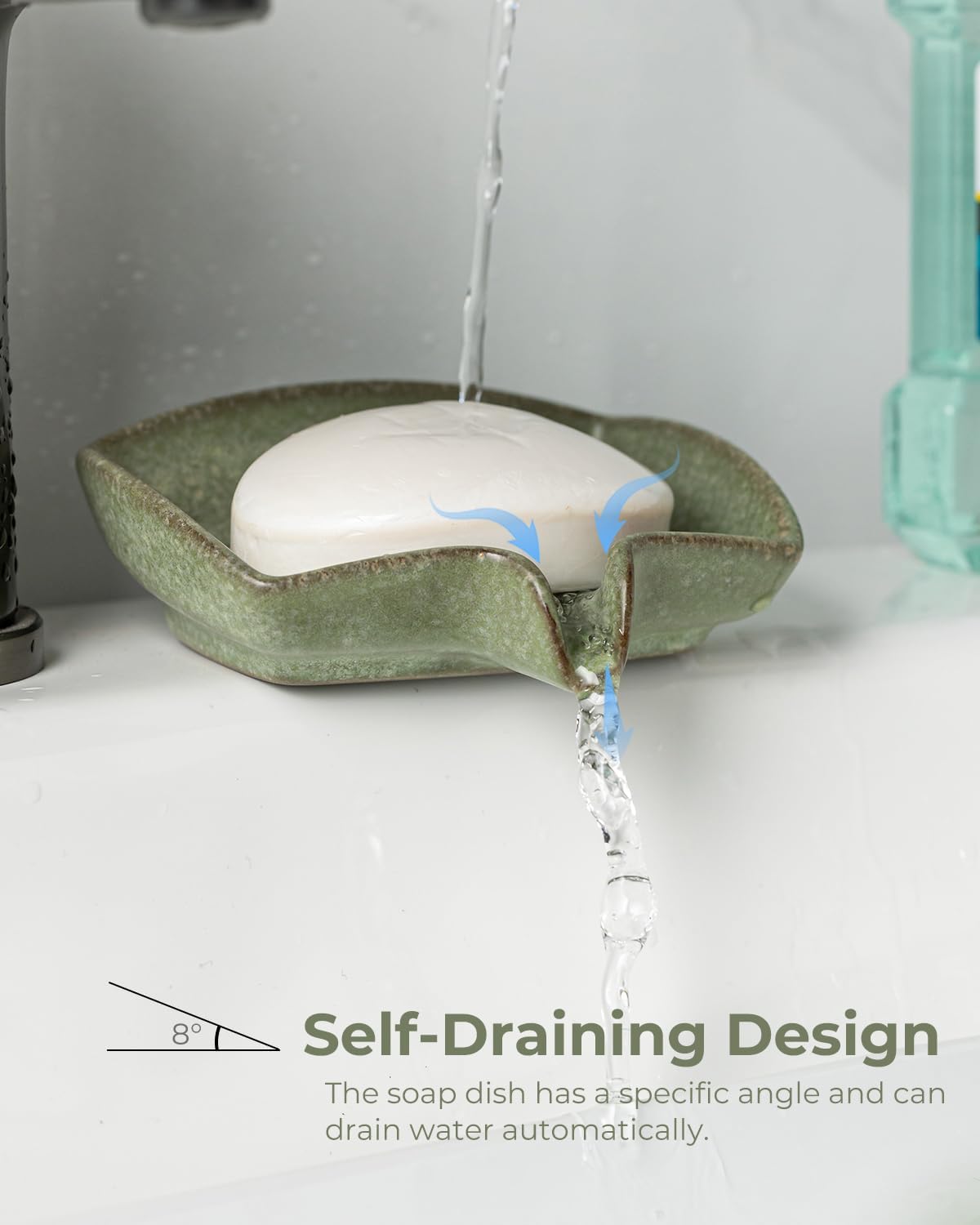 Ceramic Drain Soap Holder Waterfall Design Soap Saver for Shower / Green / Rectangular
