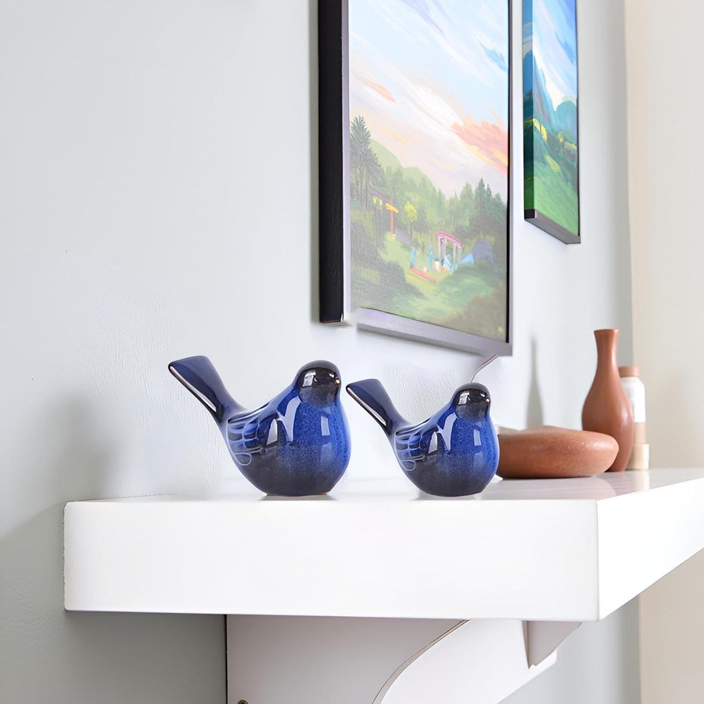 Small Ceramic Bird Statue and Sculpture / Blue / Set of 2