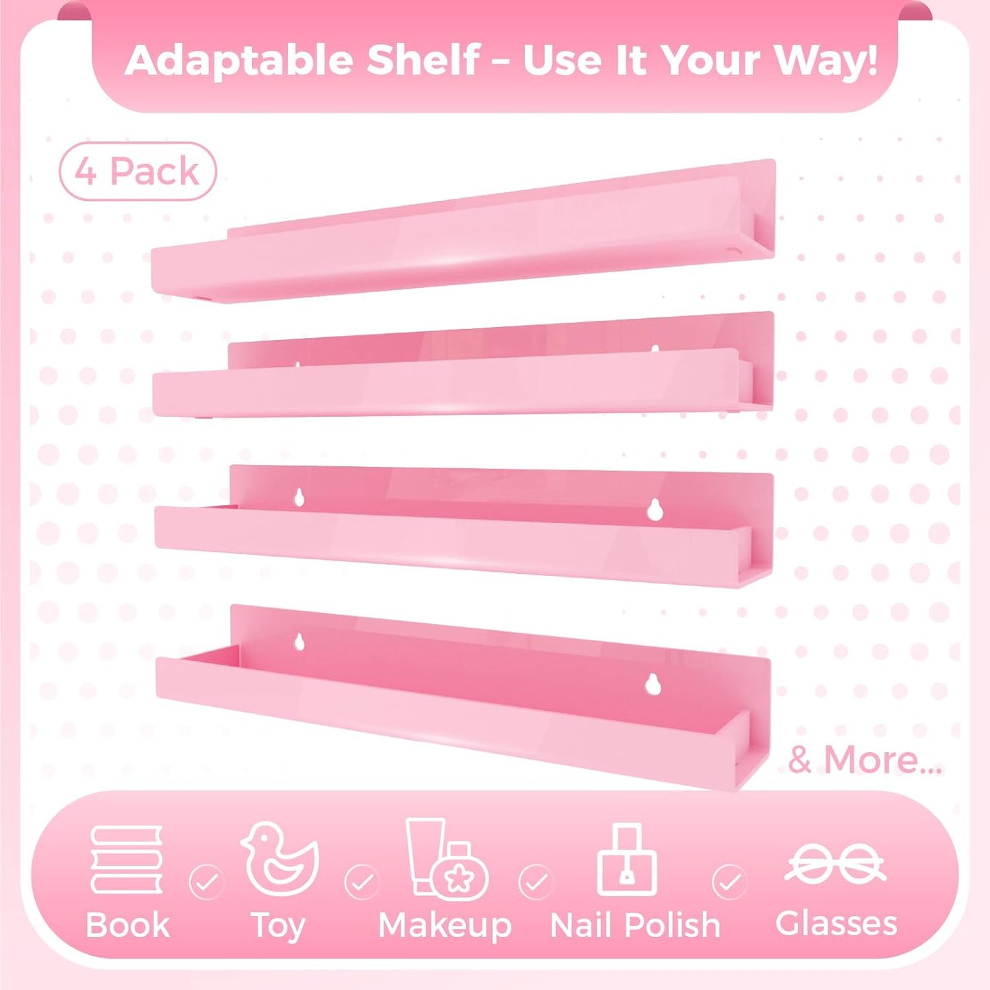 4 Pack 15 Inch Pink Acrylic Floating Wall Shelves, Kids Bookshelf | Modern Display Shelf for Nail Polish, Sunglasses
