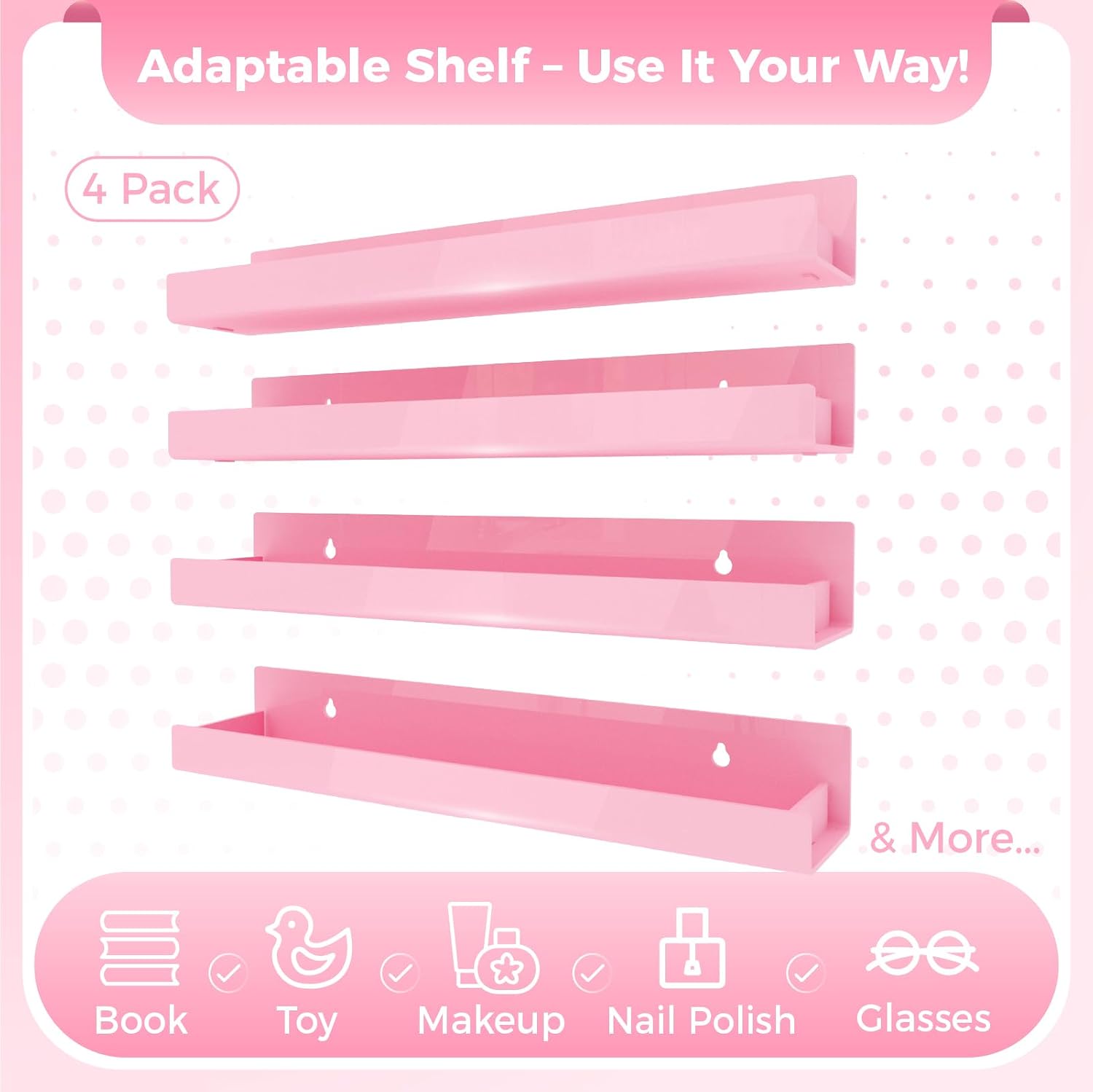 4 Pack 15 Inch Pink Acrylic Floating Wall Shelves, Kids Bookshelf | Modern Display Shelf for Nail Polish, Sunglasses