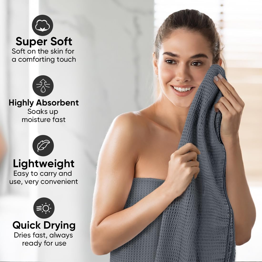 HOMEXCEL Waffle Bath Towels Set of 4 Pack, Waffle Towels for Bathroom, Grey | 400GSM Microfiber Waffle Bathroom Towel