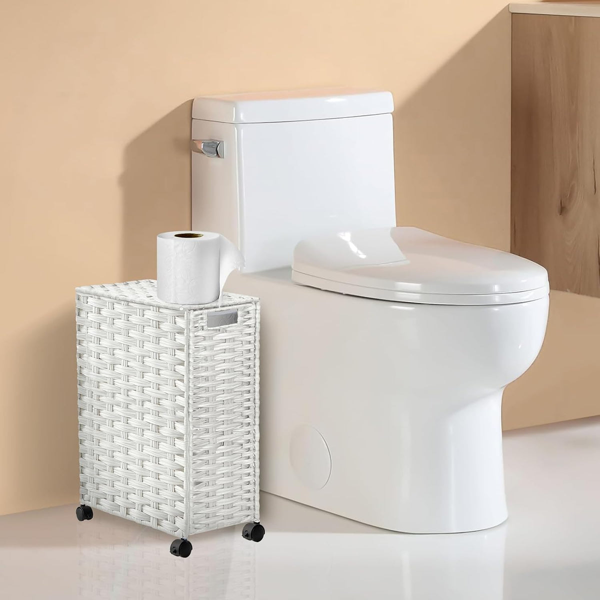 Hiagnete Toilet Paper Storage Basket with Lid and Wheels, Rattan Toilet Paper Holder Storage, Toilet Paper Organizer