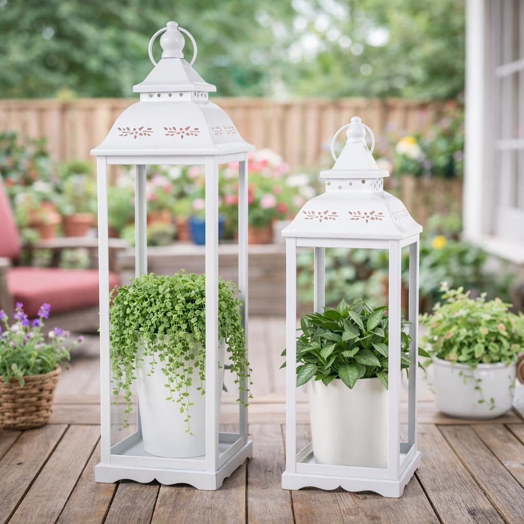 Decorative Candle Lanterns Set of 2, White Metal for Indoor & Outdoor | Ideal For Porch, Entryway, Wedding & Christmas