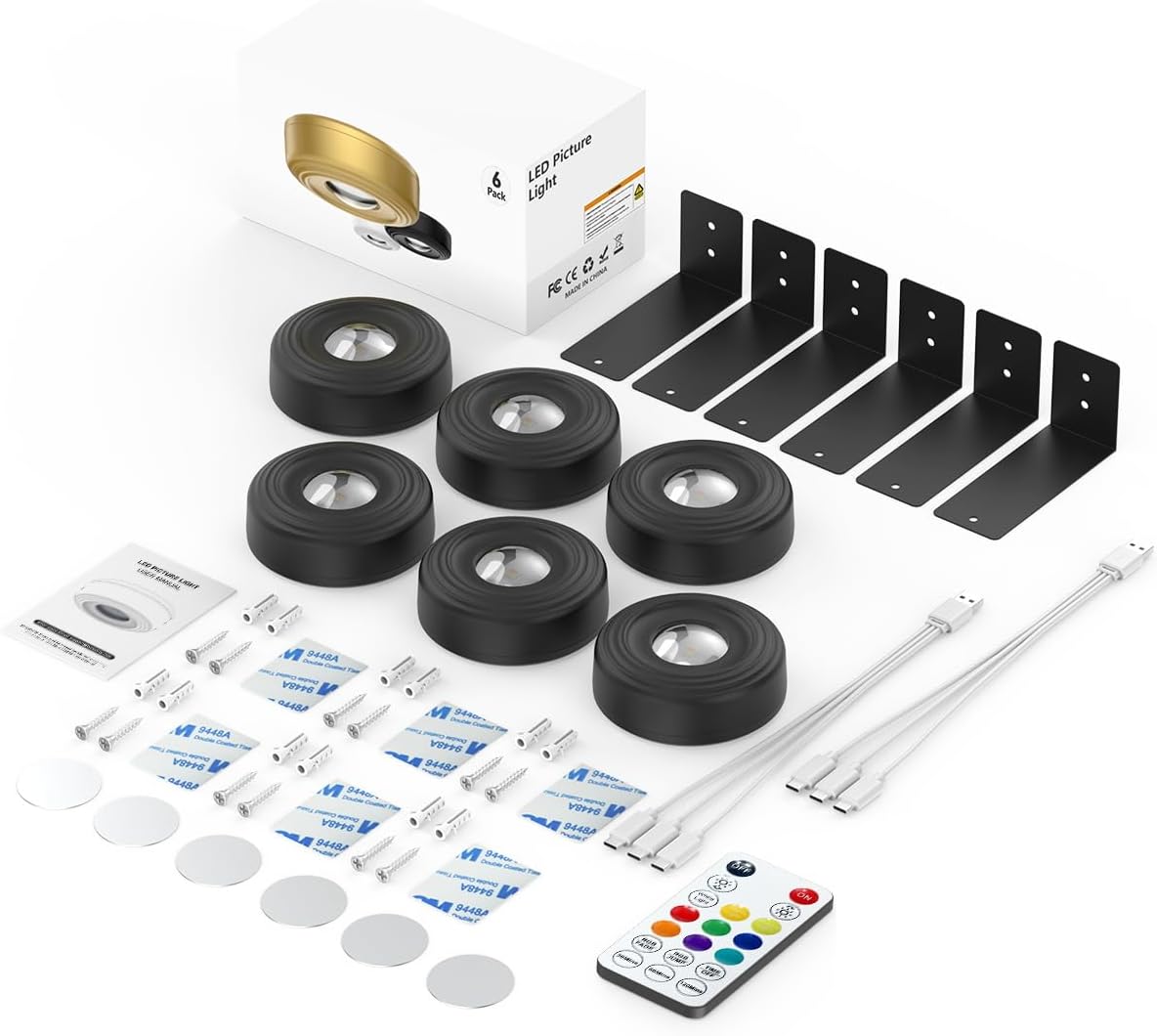 3.3" Picture Lights for Wall Spotlight, 2000mAh Rechargeable, 6Pack, Black | RGB & 3-Color-Temp丨Remote & Touch