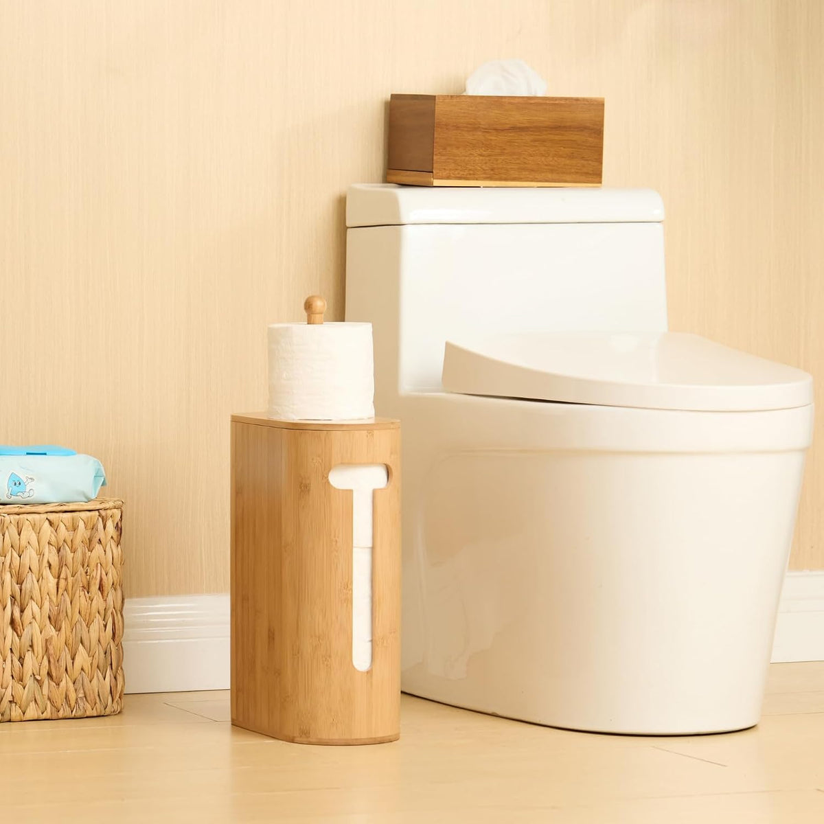 Gobam Bamboo Toilet Paper Storage with Dual-Use Lid, Freestanding Bathroom Tissue Organizer with Viewing Slot, Built-In
