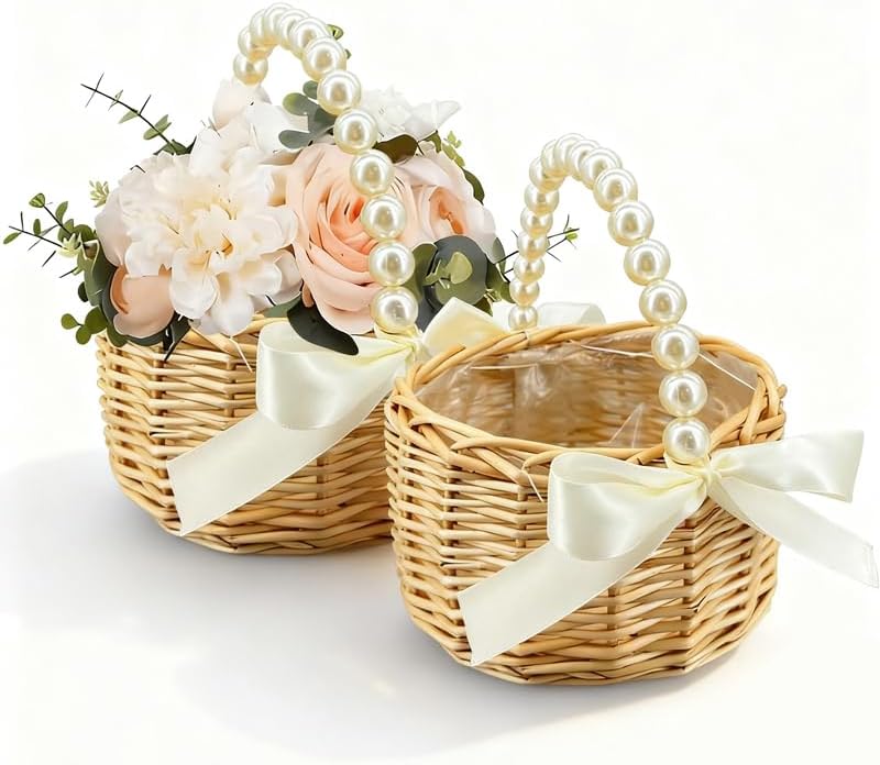 Wicker Rattan Flower Girl Basket / Natural Two Piece / Set of 2