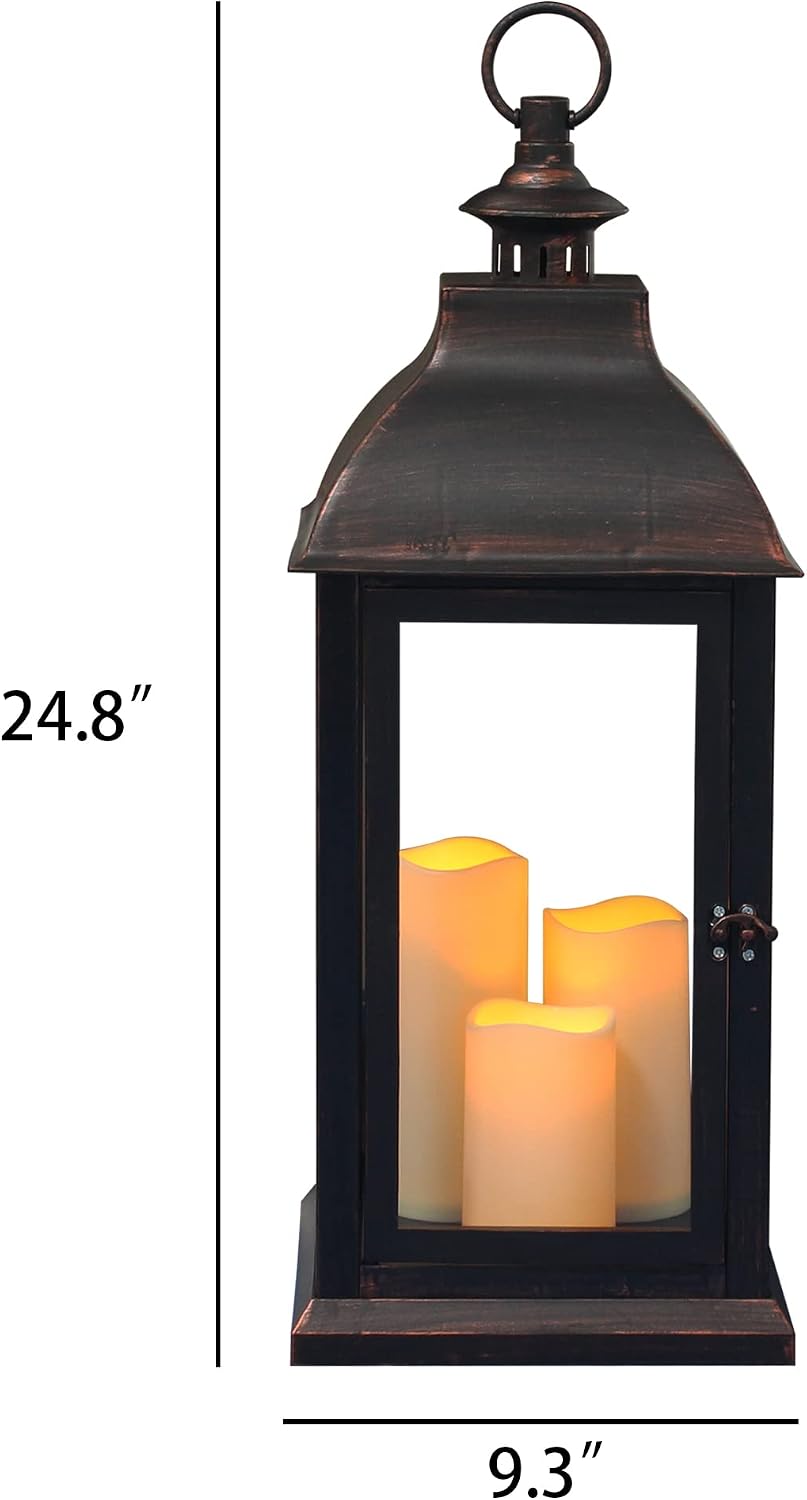 1Pack Decorative Lantern 24.80" H with Dancing Flame LED Timer Candle,ON/Off/Timer LED Candle with 6hours,Hanging
