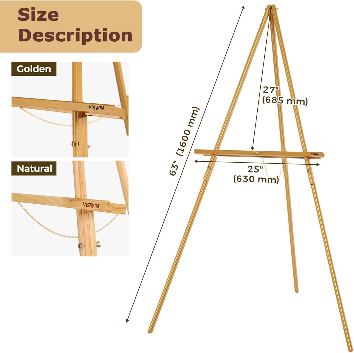 VISWIN 3Pcs 63" Gold Easel Stand for Wedding Signs, Adjustable Wooden Display Easel with Holder, Tripod Floor Easel for