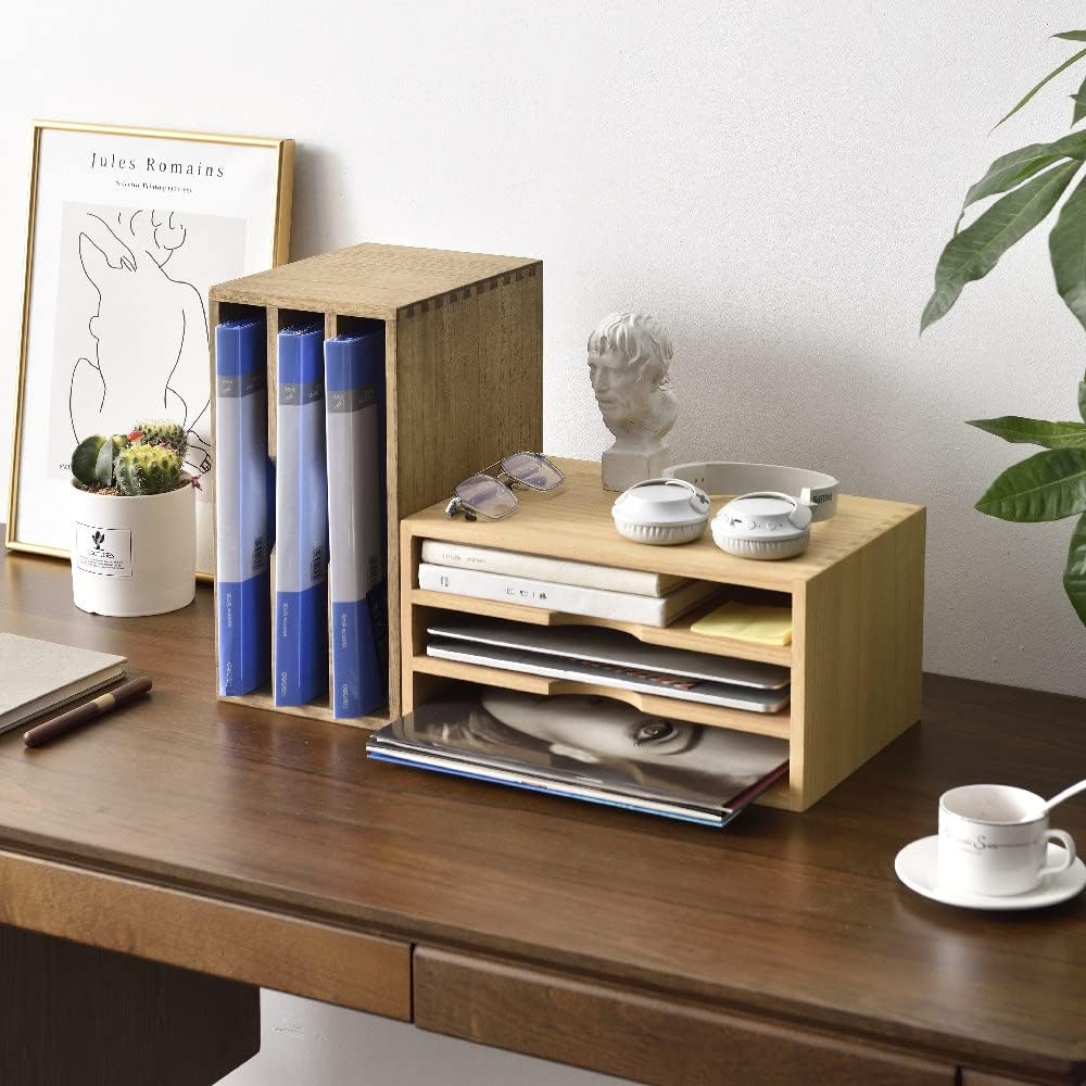 KIRIGEN Wooden Desk Organizer 3-Tier Letter Tray and Paper Sorter, Natural | Solid Wood Paper Tray Document Holder