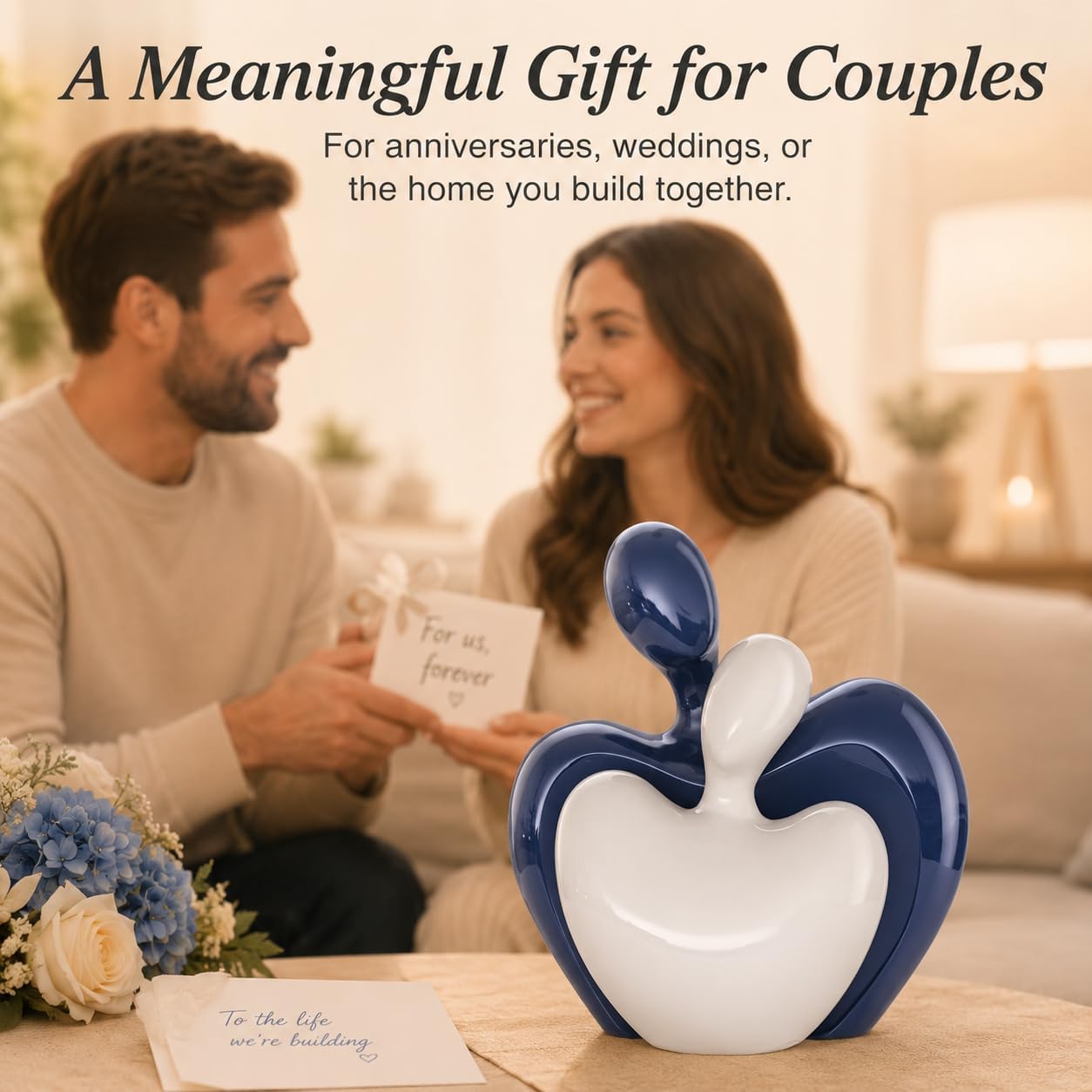 White Mini Hugging Couple Statue Ceramic Lover Figurine Home Decor is a Romantic Gift for Her / Blue