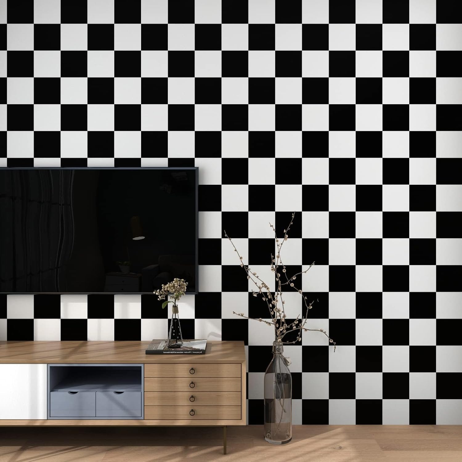 White Wallpaper Peel and Stick Checkered Wallpaper / 17.7 x 120 / Black