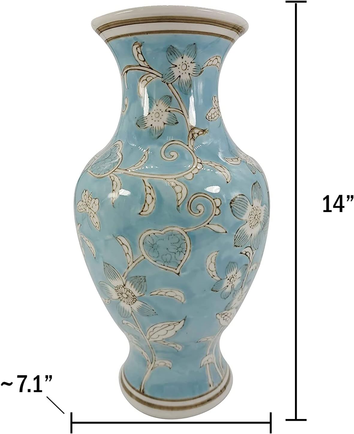 Light Blue and White Flower & Heart Chinoiserie Ceramic Vase 14"- Hand / Light Blue & White Flower