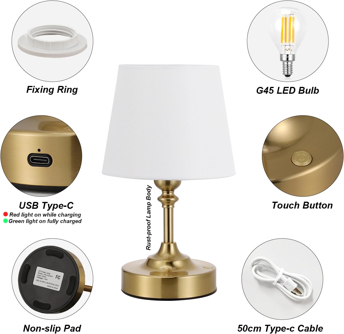 Kakanuo Mini Cordless Table Lamp Gold - 1 Pack 4000mAH Battery Operated Lamp for Decor, 3000K Stepless Dimming Touch