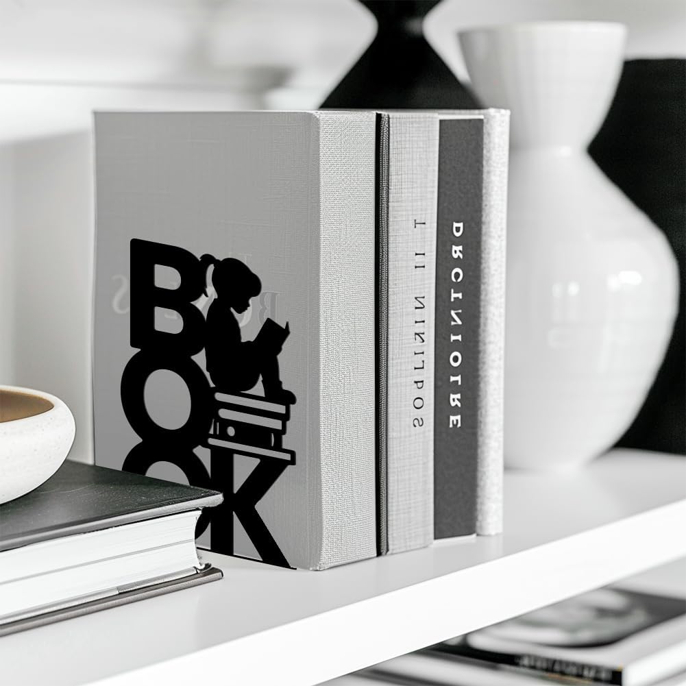 Metal Bookends / Modern Decorative Heavy Duty Study Book Support Stoppers / Book and Reading Girl