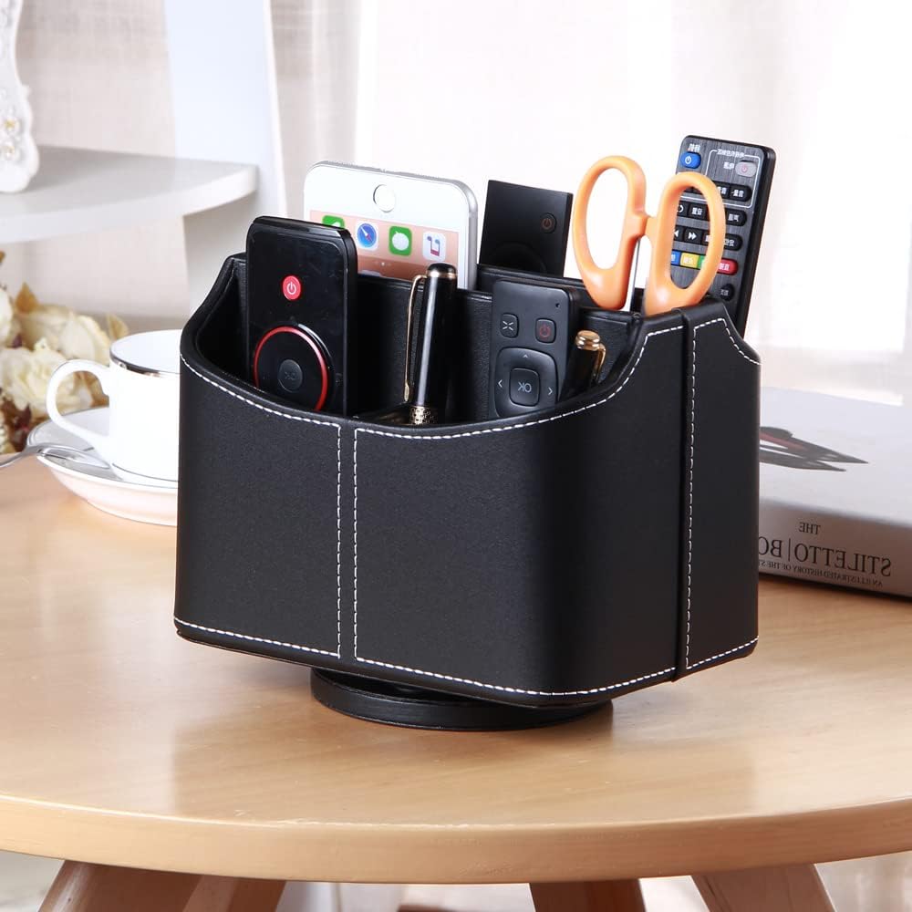 Remote Control Holder 360 Degrees Rotatable Desk Stationery Supply Organizer PU Leather / A Black