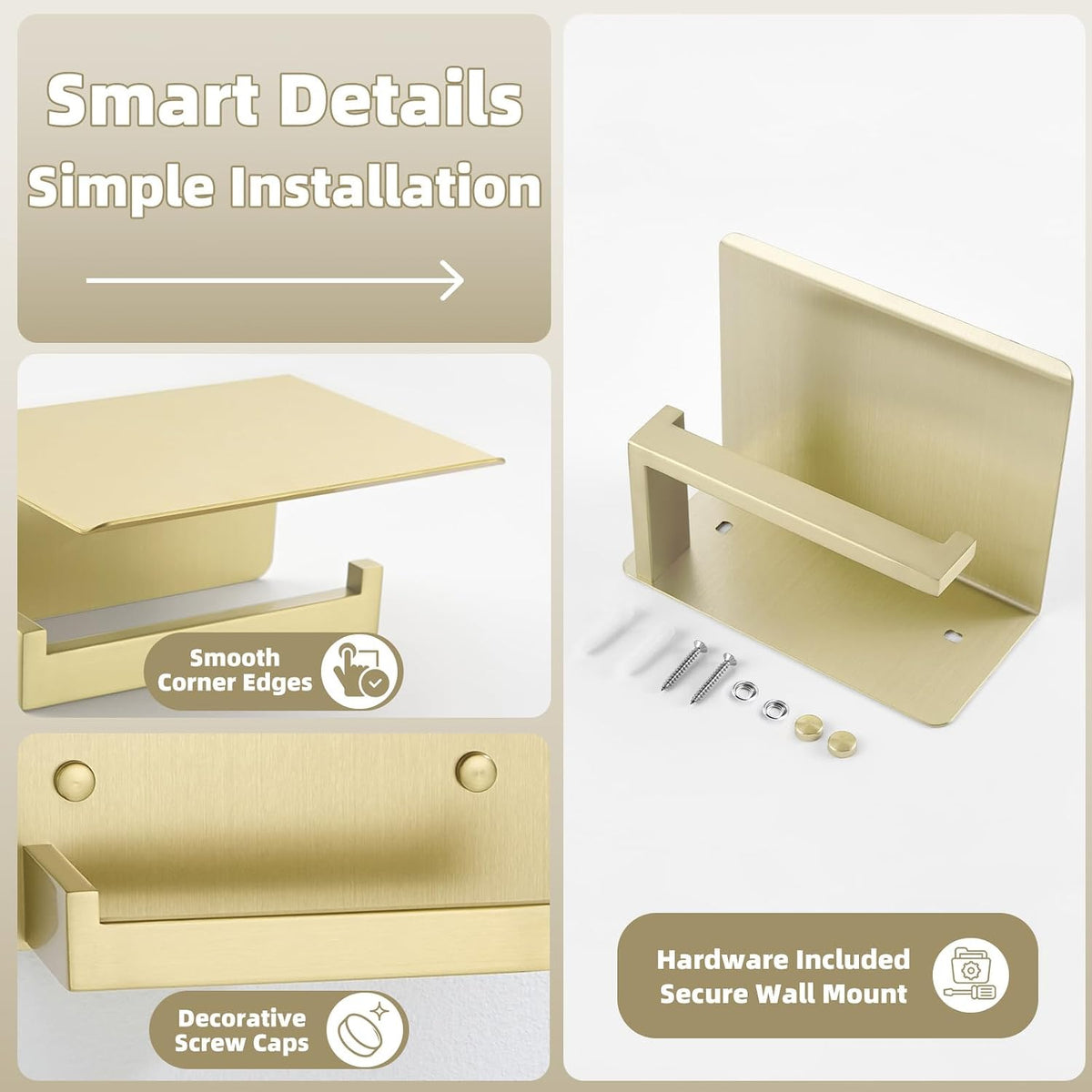 APLusee Brushed Gold Toilet Paper Holder with Shelf, 304 Stainless Steel Wall Mount Tissue Roll Holder for Bathroom